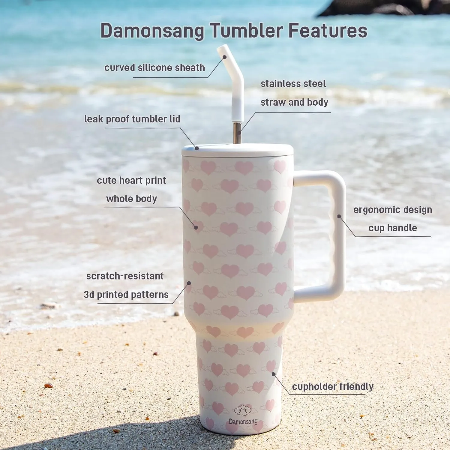 Heart 40 oz Tumbler with Handle Lid and Straw, Insulated Stainless Steel Water Bottle Iced Coffee Tumbler Cups, Cupholder Friendly Travel Mug,Perfect Gifts for Women Wife-White/Pink