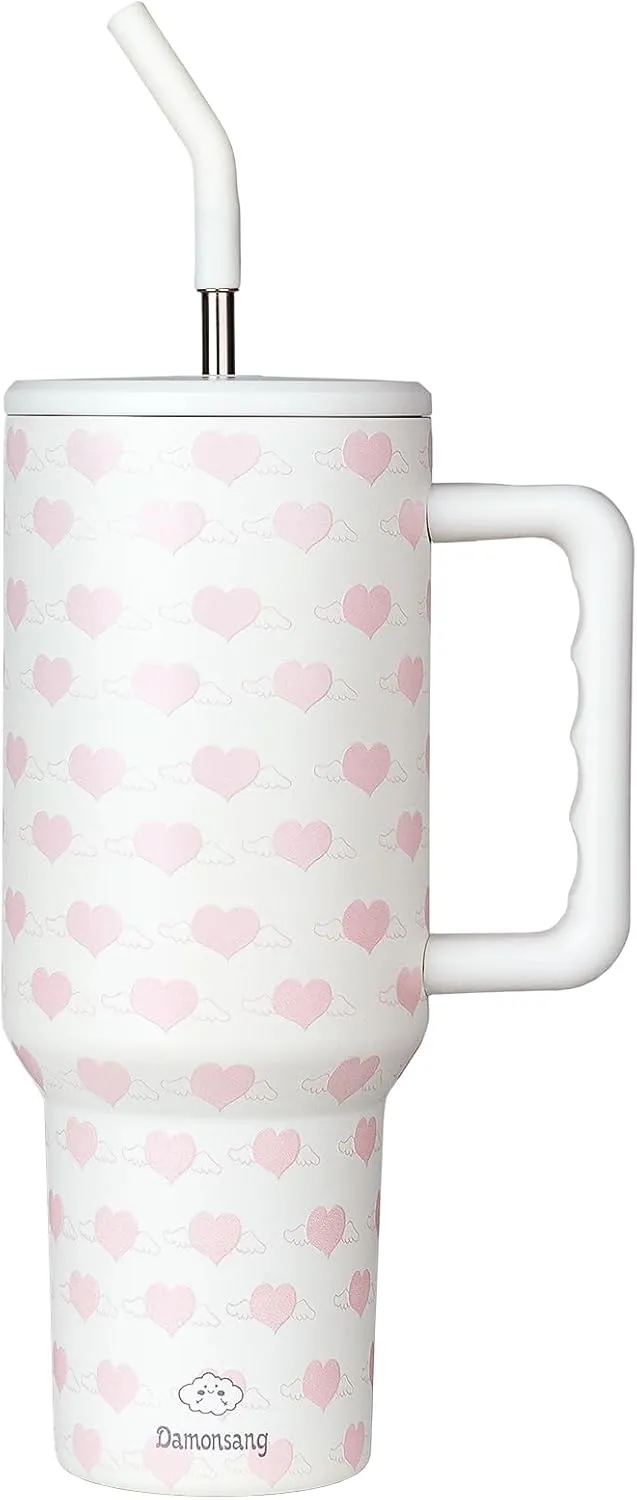 Heart 40 oz Tumbler with Handle Lid and Straw, Insulated Stainless Steel Water Bottle Iced Coffee Tumbler Cups, Cupholder Friendly Travel Mug,Perfect Gifts for Women Wife-White/Pink