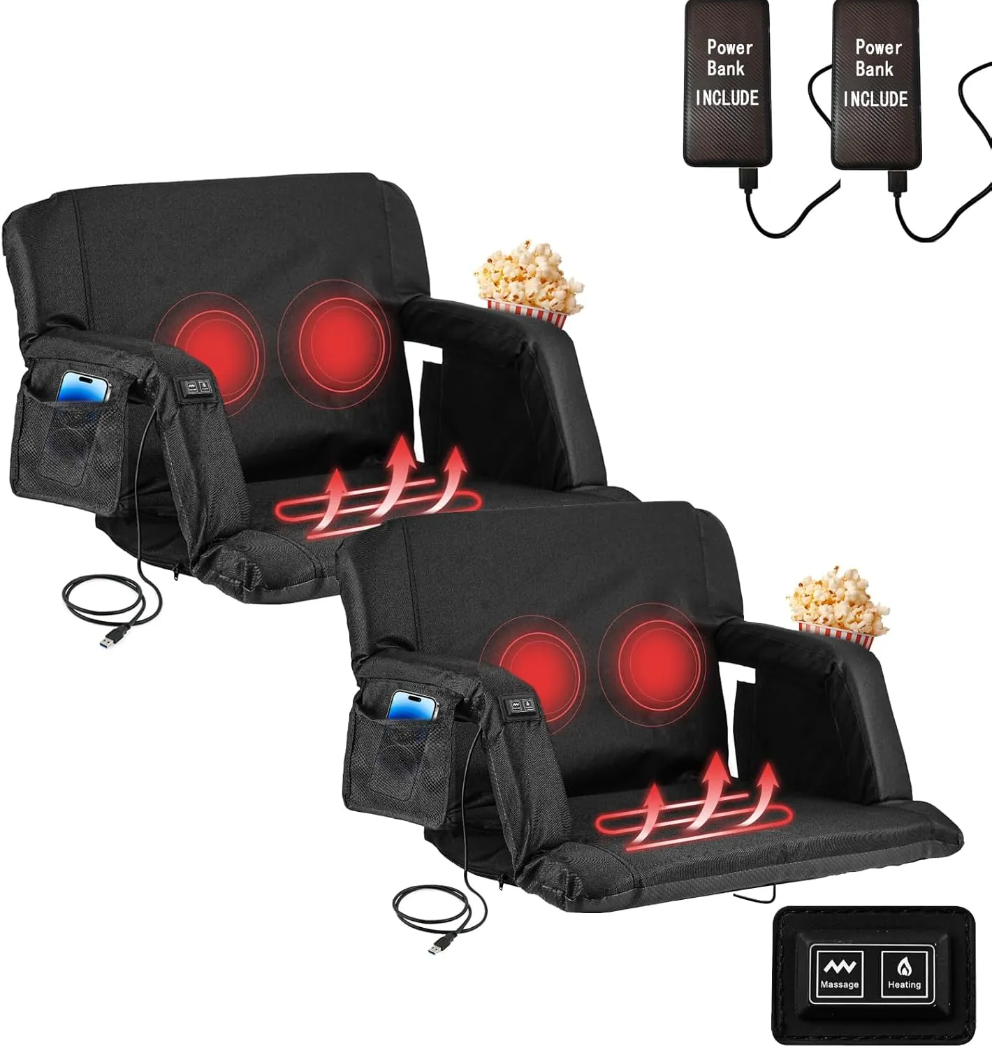 Heated Massage Stadium Seats 2 PC, 25 Inch Heated Stadium Seats for Bleachers with 10000mAh Power Bank, 3 Levels of Heat & 6 Massage, 6 Reclining Positions for Indoor Stadiums, Baseball Stadiums
