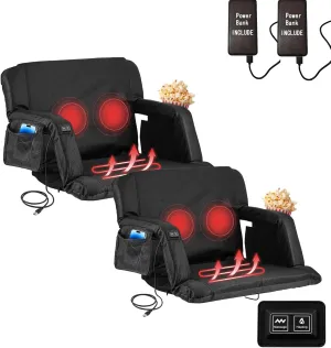 Heated Massage Stadium Seats 2 PC, 25 Inch Heated Stadium Seats for Bleachers with 10000mAh Power Bank, 3 Levels of Heat & 6 Massage, 6 Reclining Positions for Indoor Stadiums, Baseball Stadiums