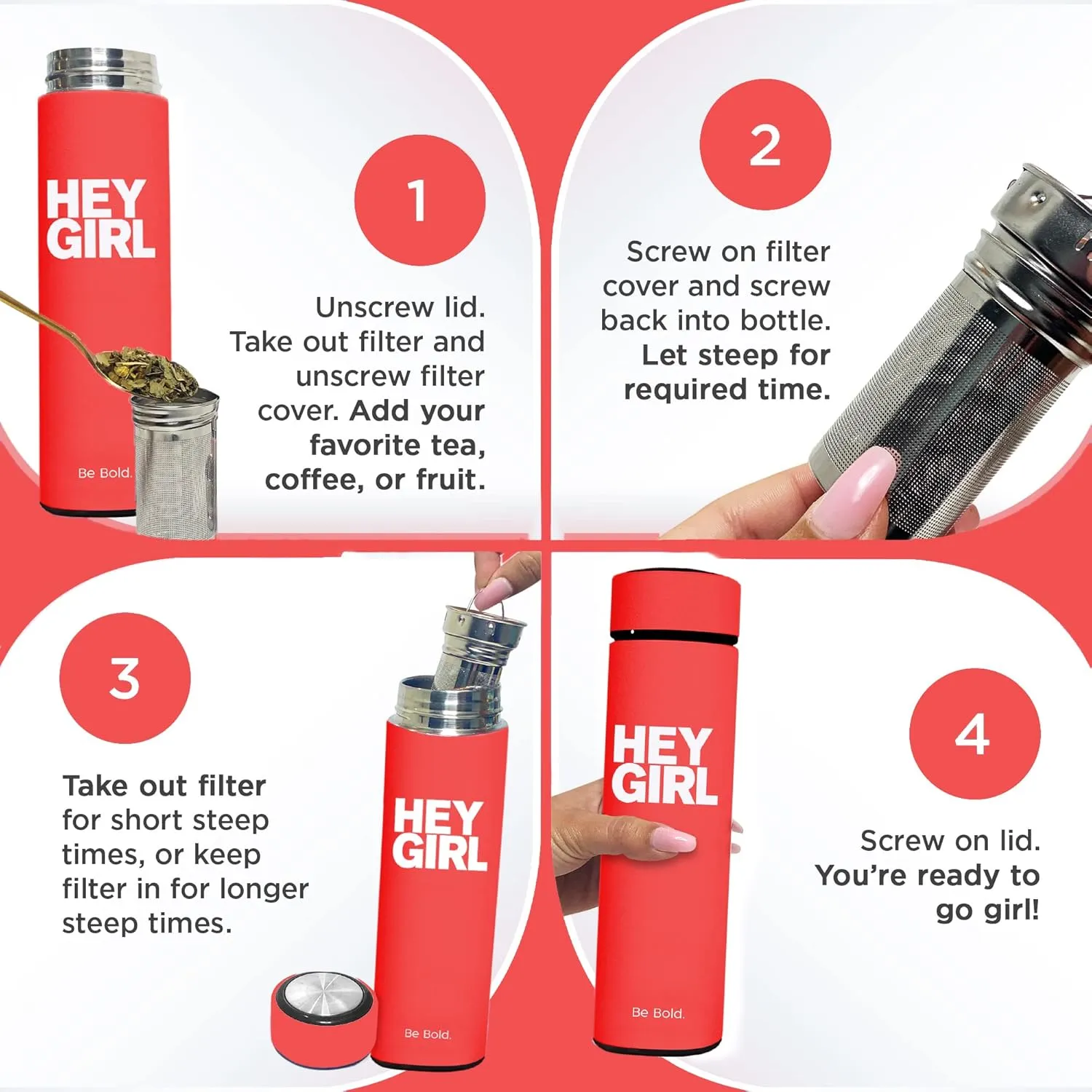 Hey Girl Tea Infuser Bottle 450ml - Insulated Stainless Steel Water Bottle - Tea Tumbler with Tea Diffuser - Portable Travel Mug for Loose Leaf Tea & Infused Water - Tea Lovers Gifts for Women