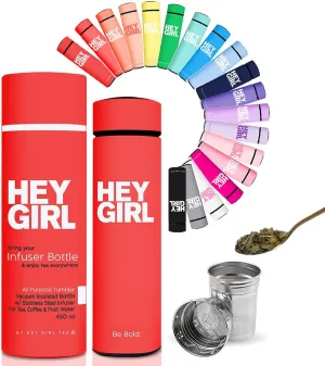 Hey Girl Tea Infuser Bottle 450ml - Insulated Stainless Steel Water Bottle - Tea Tumbler with Tea Diffuser - Portable Travel Mug for Loose Leaf Tea & Infused Water - Tea Lovers Gifts for Women