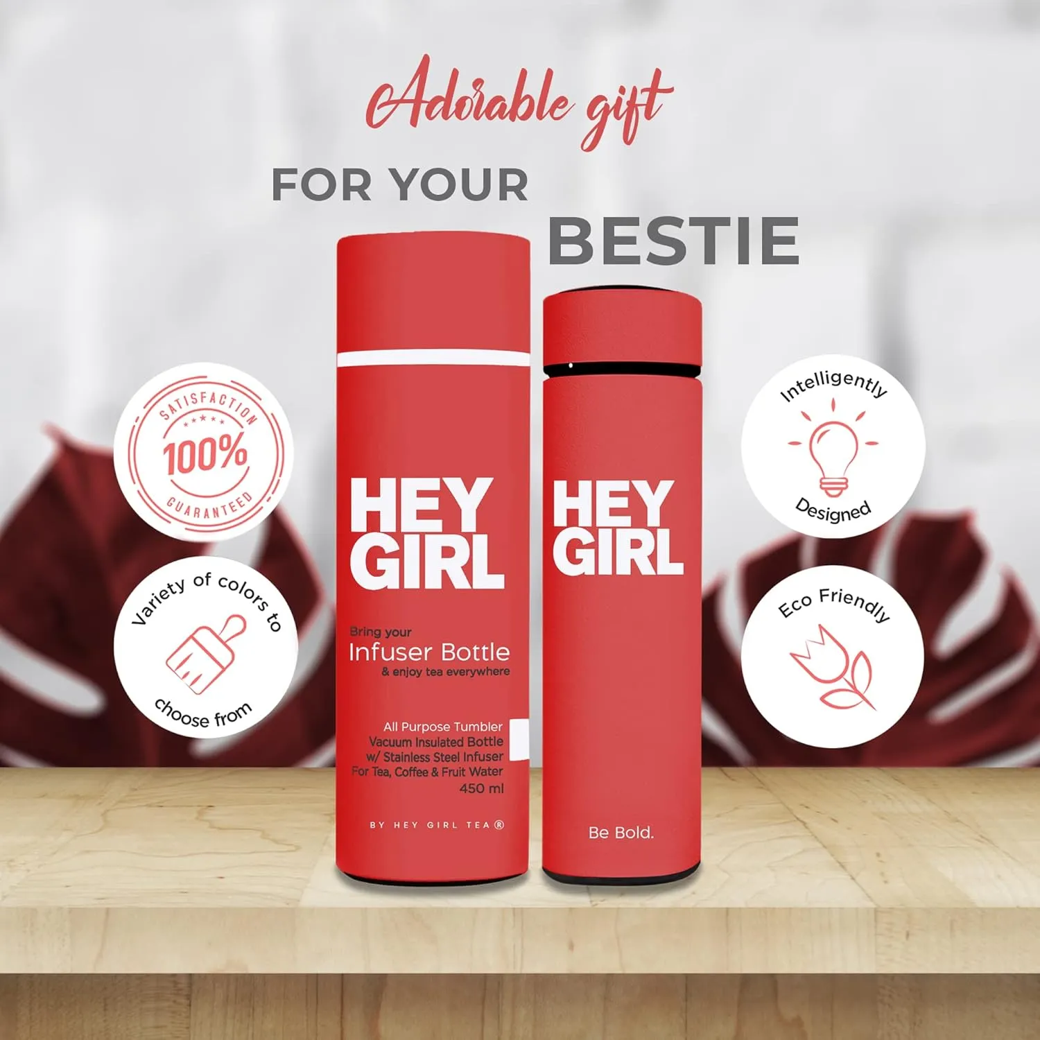 Hey Girl Tea Infuser Bottle 450ml - Insulated Stainless Steel Water Bottle - Tea Tumbler with Tea Diffuser - Portable Travel Mug for Loose Leaf Tea & Infused Water - Tea Lovers Gifts for Women