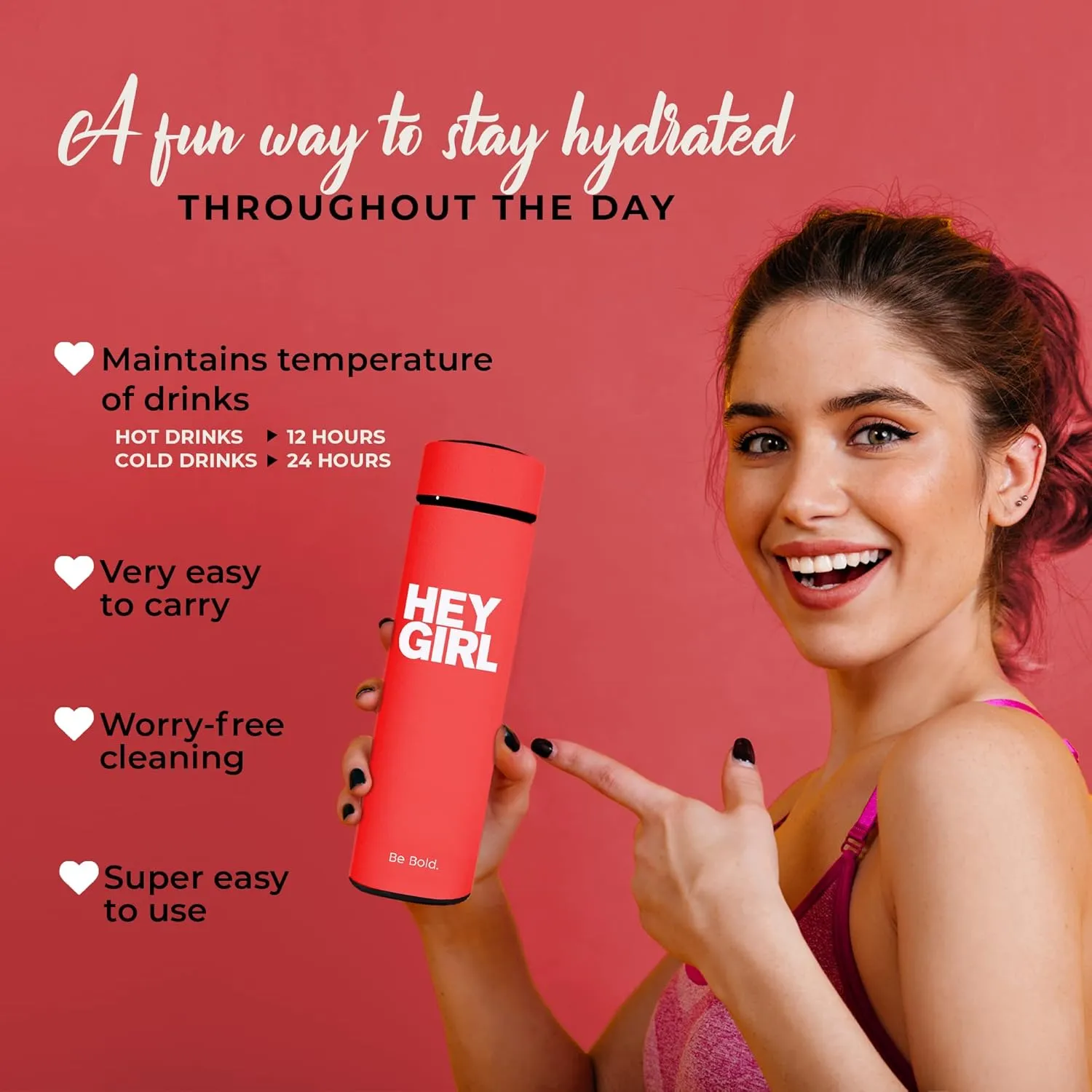 Hey Girl Tea Infuser Bottle 450ml - Insulated Stainless Steel Water Bottle - Tea Tumbler with Tea Diffuser - Portable Travel Mug for Loose Leaf Tea & Infused Water - Tea Lovers Gifts for Women