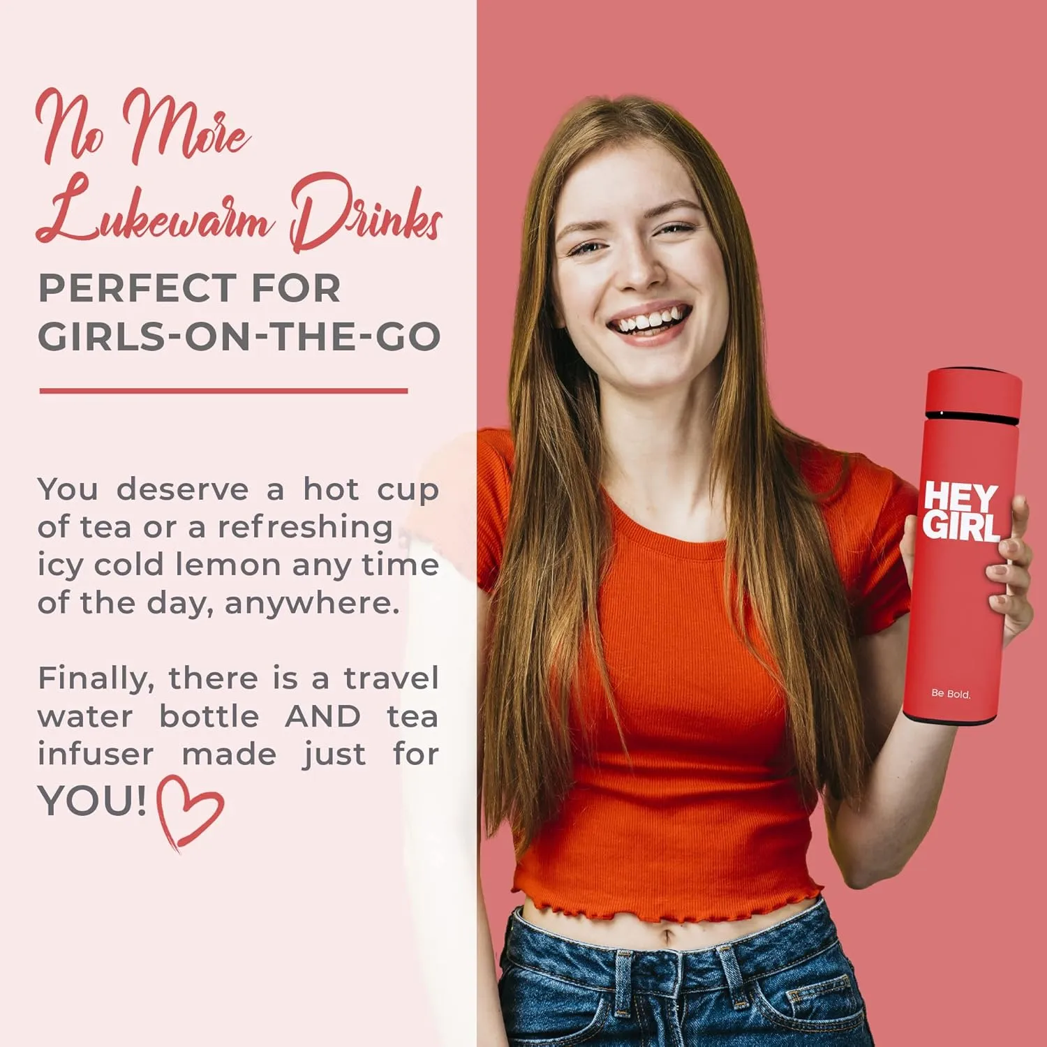 Hey Girl Tea Infuser Bottle 450ml - Insulated Stainless Steel Water Bottle - Tea Tumbler with Tea Diffuser - Portable Travel Mug for Loose Leaf Tea & Infused Water - Tea Lovers Gifts for Women