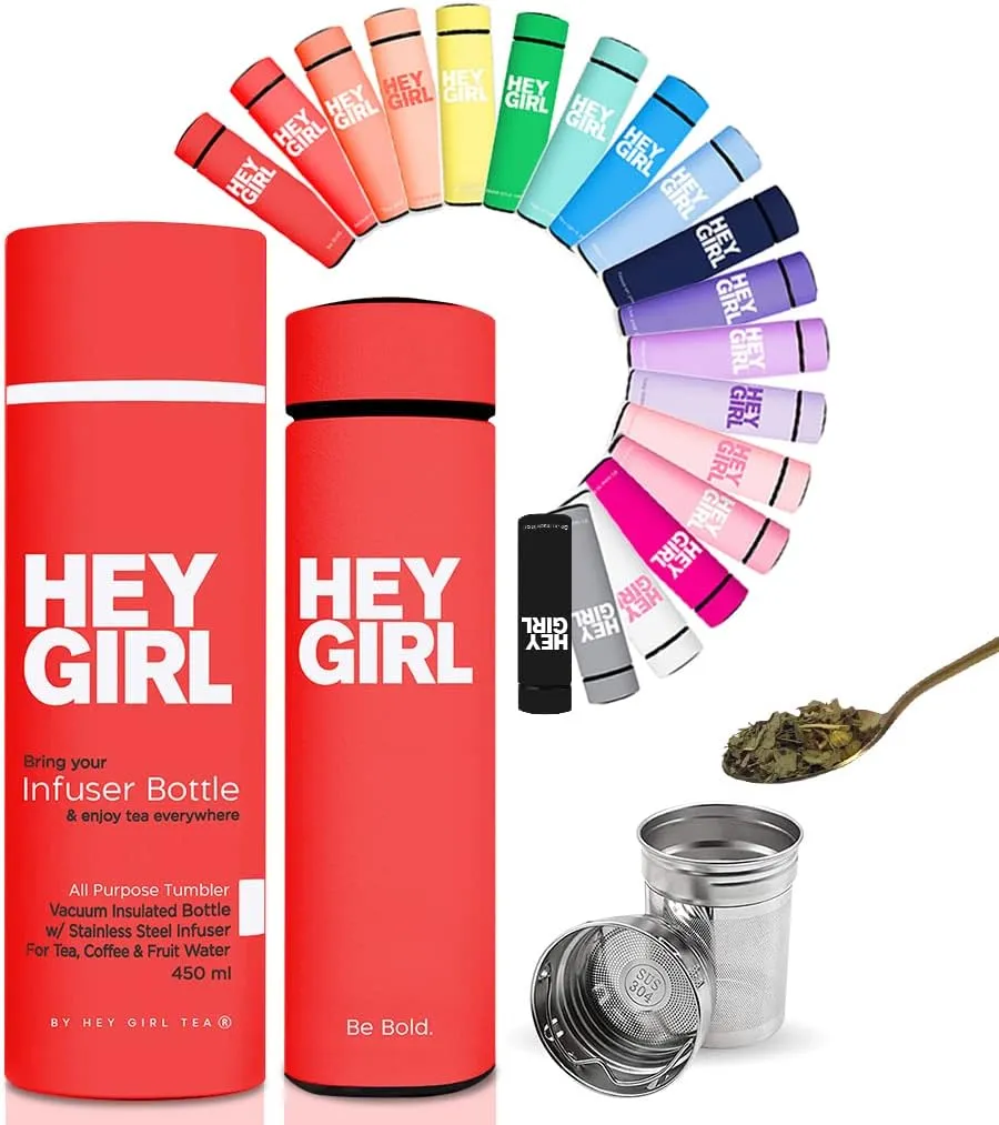 Hey Girl Tea Infuser Bottle 450ml - Insulated Stainless Steel Water Bottle - Tea Tumbler with Tea Diffuser - Portable Travel Mug for Loose Leaf Tea & Infused Water - Tea Lovers Gifts for Women