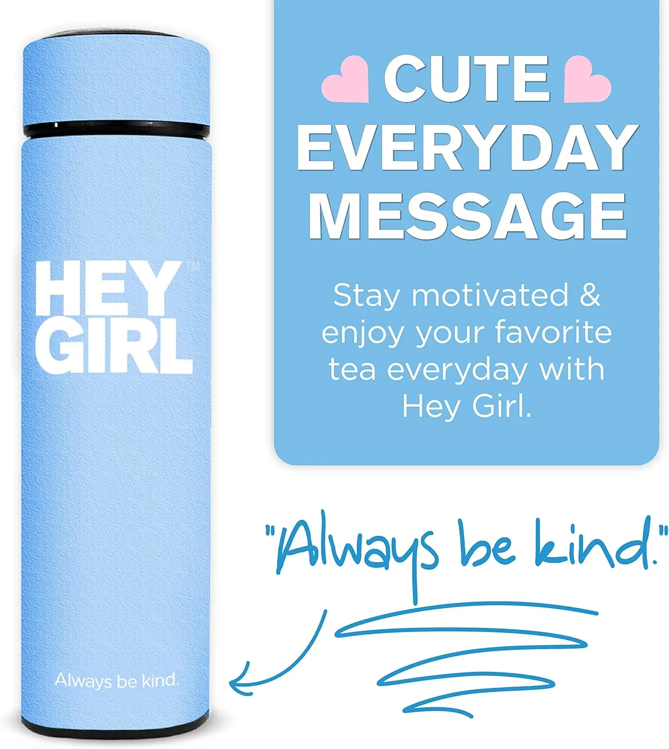 Hey Girl Tea Infuser Bottle 450ml - Insulated Stainless Steel Water Bottle - Thermos Tea Tumbler with Tea Diffuser - Portable Travel Mug for Loose Leaf Tea & Infused Water - Tea Lovers Gifts for Women