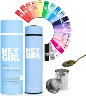 Hey Girl Tea Infuser Bottle 450ml - Insulated Stainless Steel Water Bottle - Thermos Tea Tumbler with Tea Diffuser - Portable Travel Mug for Loose Leaf Tea & Infused Water - Tea Lovers Gifts for Women