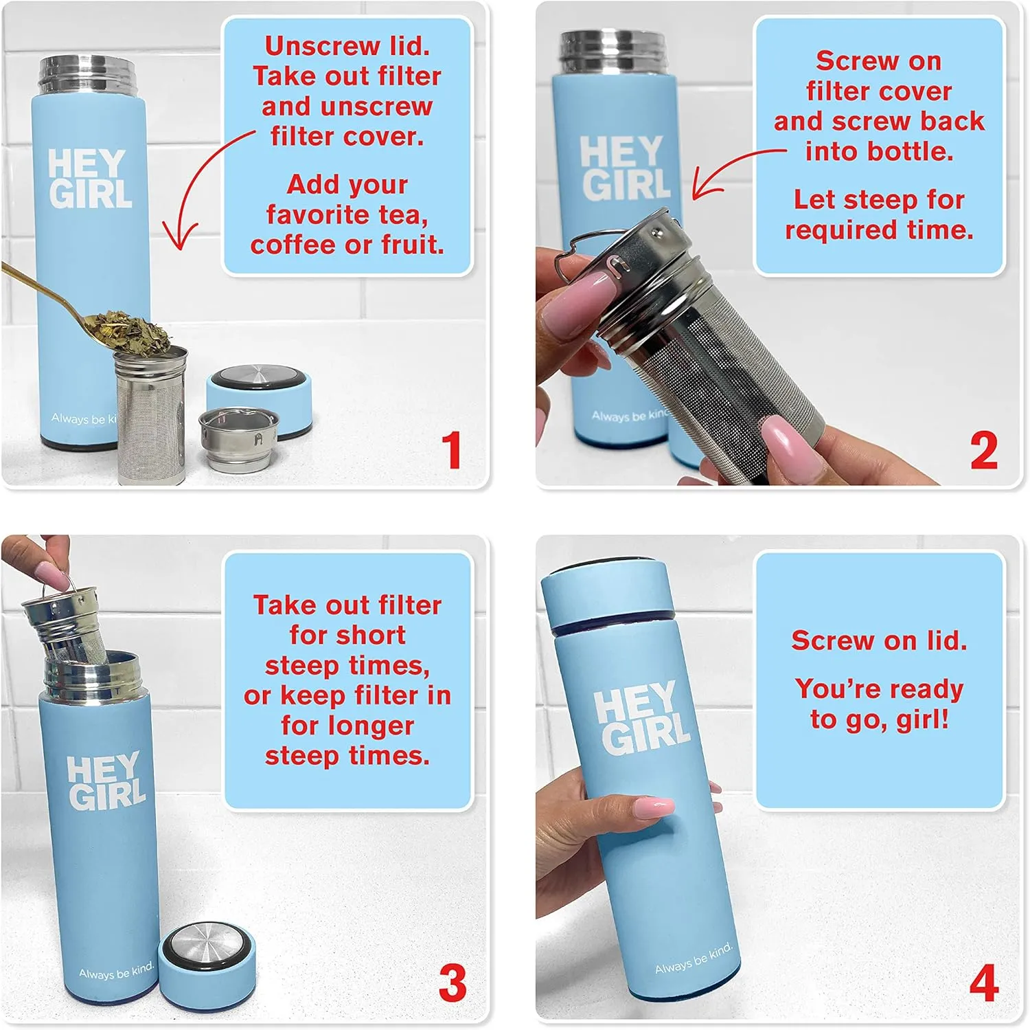 Hey Girl Tea Infuser Bottle 450ml - Insulated Stainless Steel Water Bottle - Thermos Tea Tumbler with Tea Diffuser - Portable Travel Mug for Loose Leaf Tea & Infused Water - Tea Lovers Gifts for Women