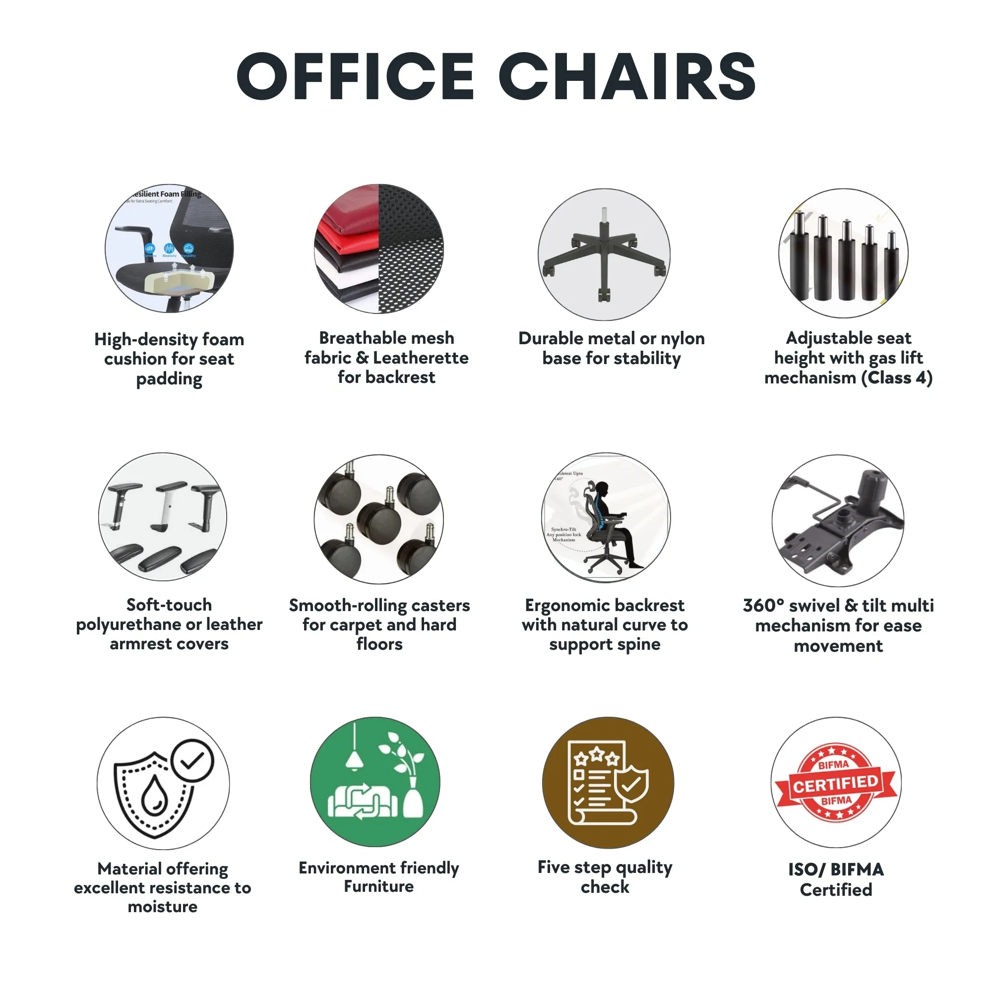High Back Office Chair with Nylon Base and Leatherette Upholstery