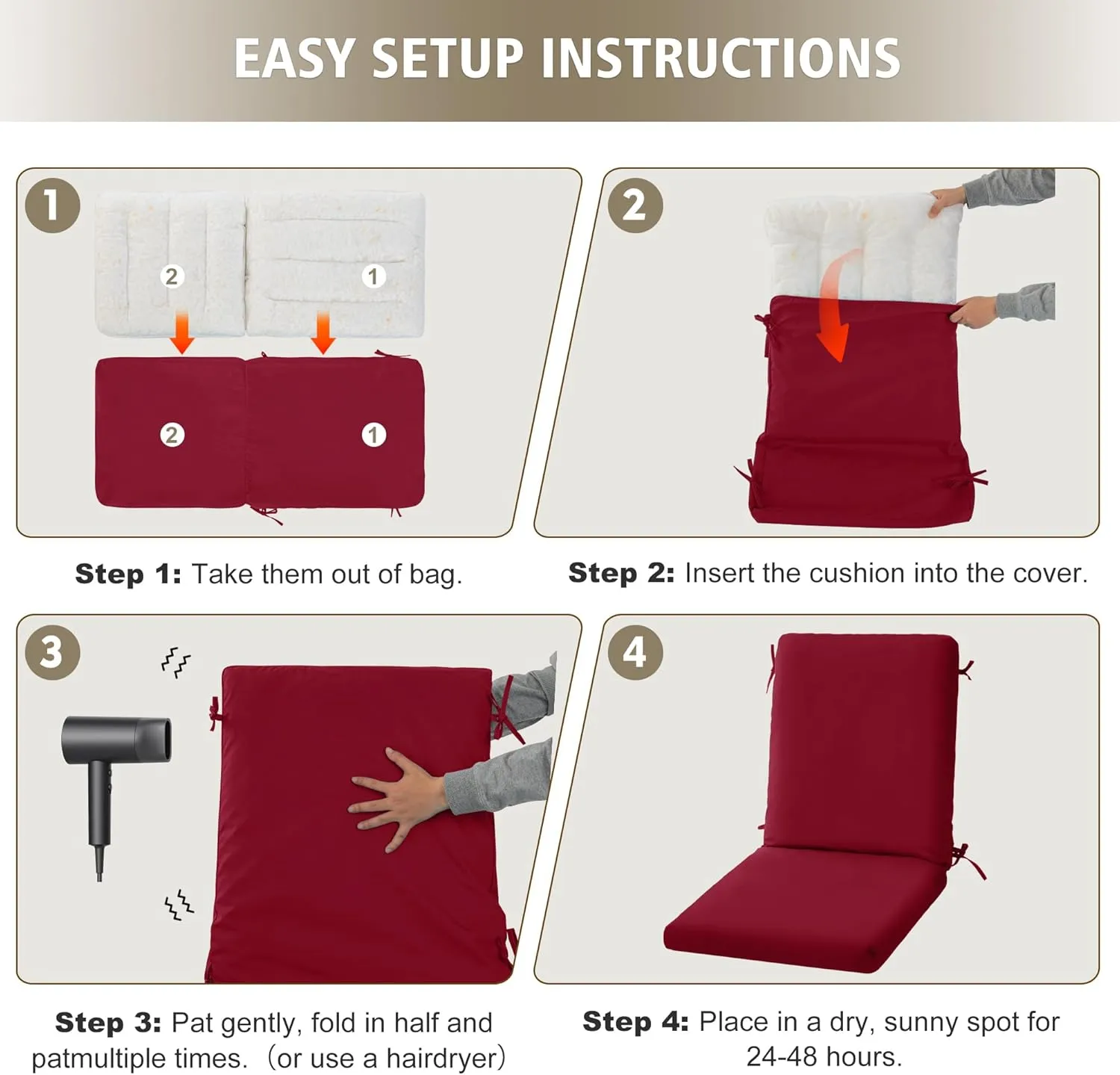 High Back Outdoor Chair Cushions 44''x20'' - Patio Dining Chair Cushions with Waterproof, Fade-Resistant, Removable & Machine-Washable Covers, Burgundy