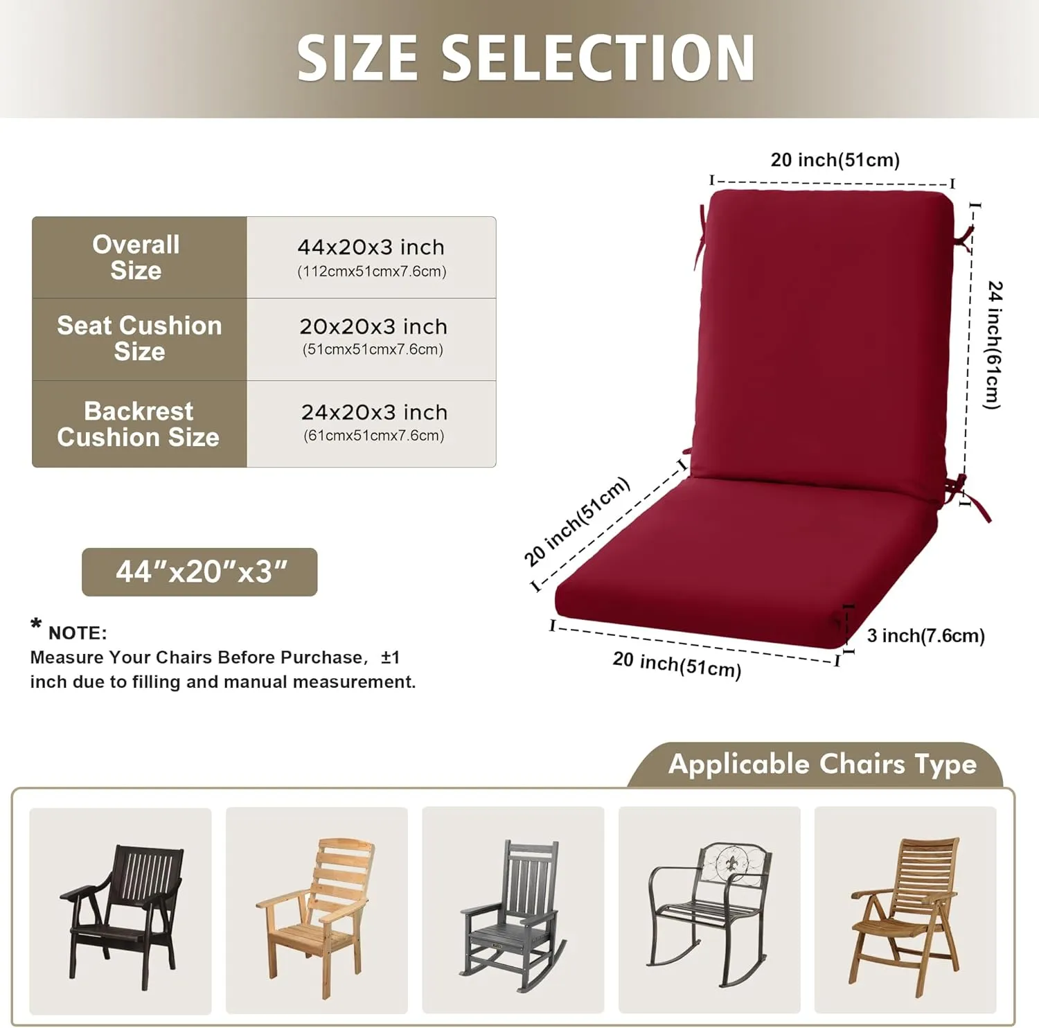 High Back Outdoor Chair Cushions 44''x20'' - Patio Dining Chair Cushions with Waterproof, Fade-Resistant, Removable & Machine-Washable Covers, Burgundy