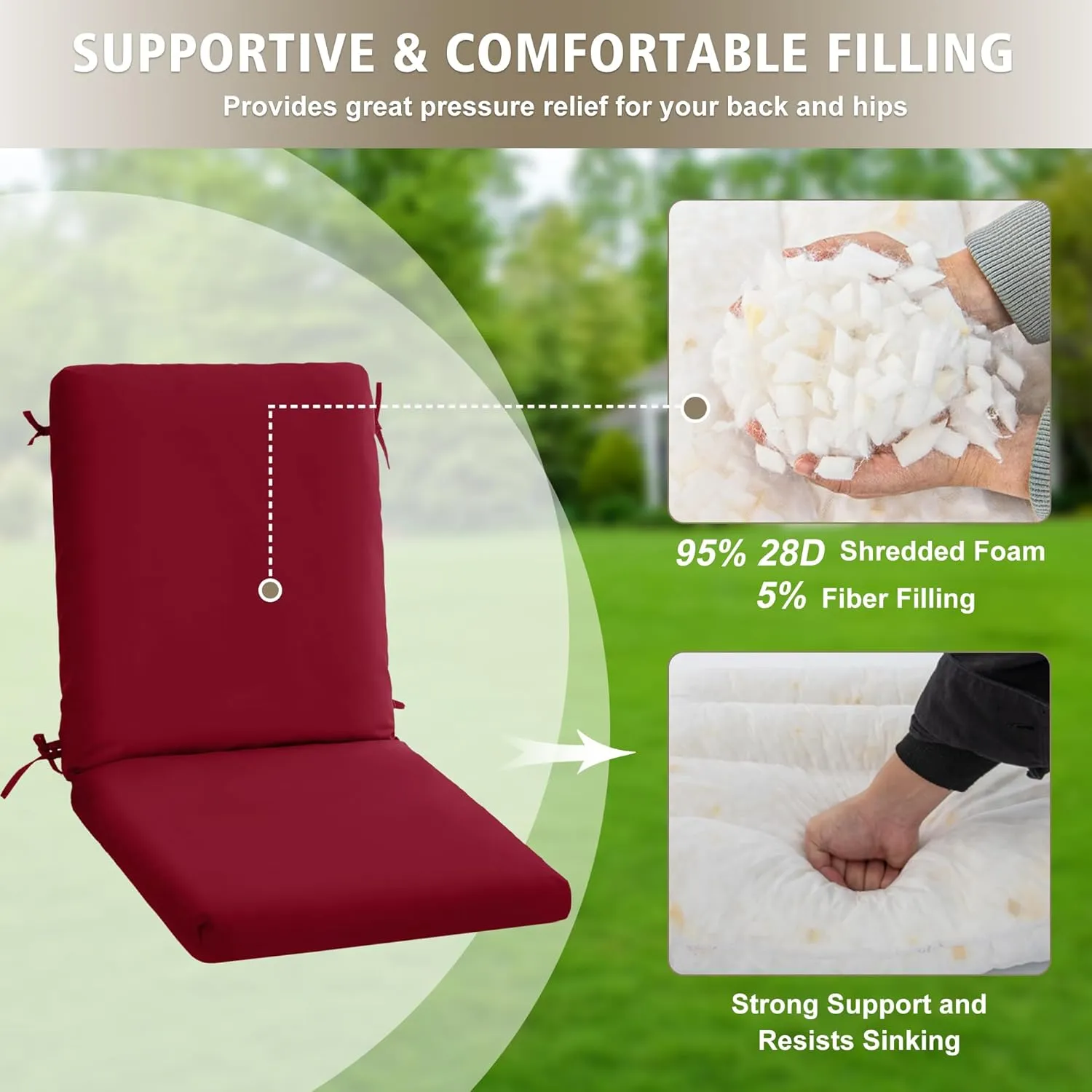 High Back Outdoor Chair Cushions 44''x20'' - Patio Dining Chair Cushions with Waterproof, Fade-Resistant, Removable & Machine-Washable Covers, Burgundy