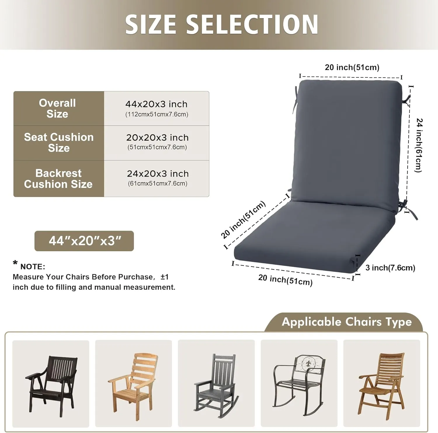 High Back Outdoor Chair Cushions 44''x20'' - Patio Dining Chair Cushions with Waterproof, Fade-Resistant, Removable & Machine-Washable Covers, Dark Grey