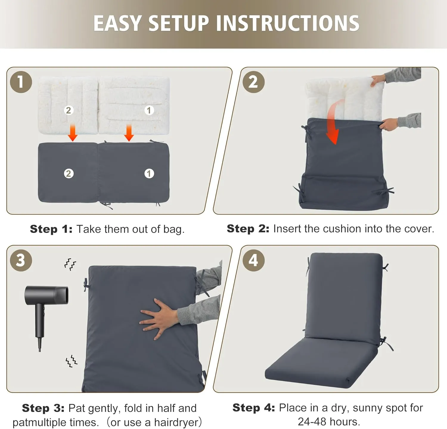 High Back Outdoor Chair Cushions 44''x20'' - Patio Dining Chair Cushions with Waterproof, Fade-Resistant, Removable & Machine-Washable Covers, Dark Grey