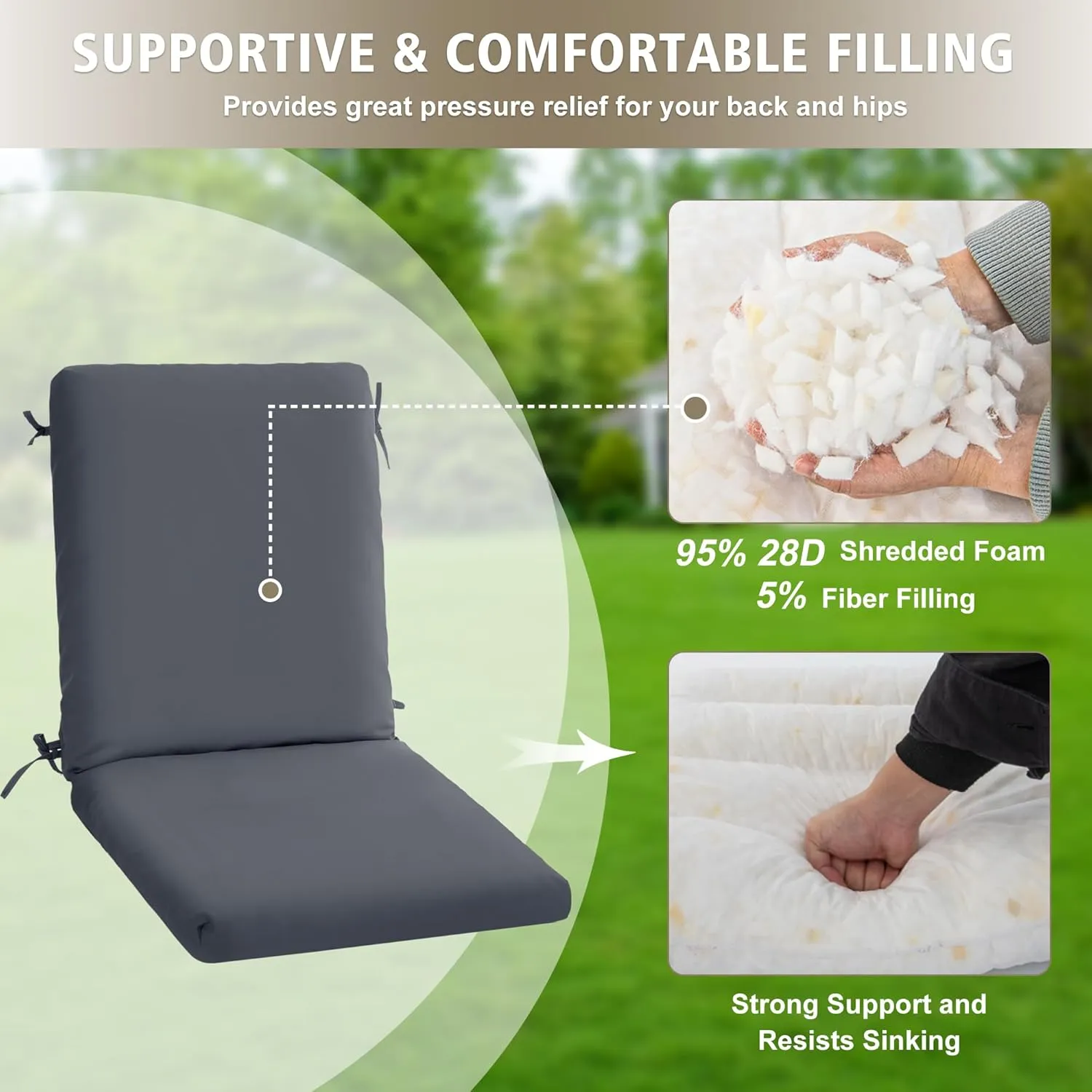 High Back Outdoor Chair Cushions 44''x20'' - Patio Dining Chair Cushions with Waterproof, Fade-Resistant, Removable & Machine-Washable Covers, Dark Grey