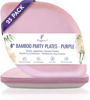 High End Bamboo Party Dinnerware Set - Appetizer, Dinner, Forks, Spoons, Knives - Party Plates for Weddings - Better than Paper Plates (Purple, 25-PACK)