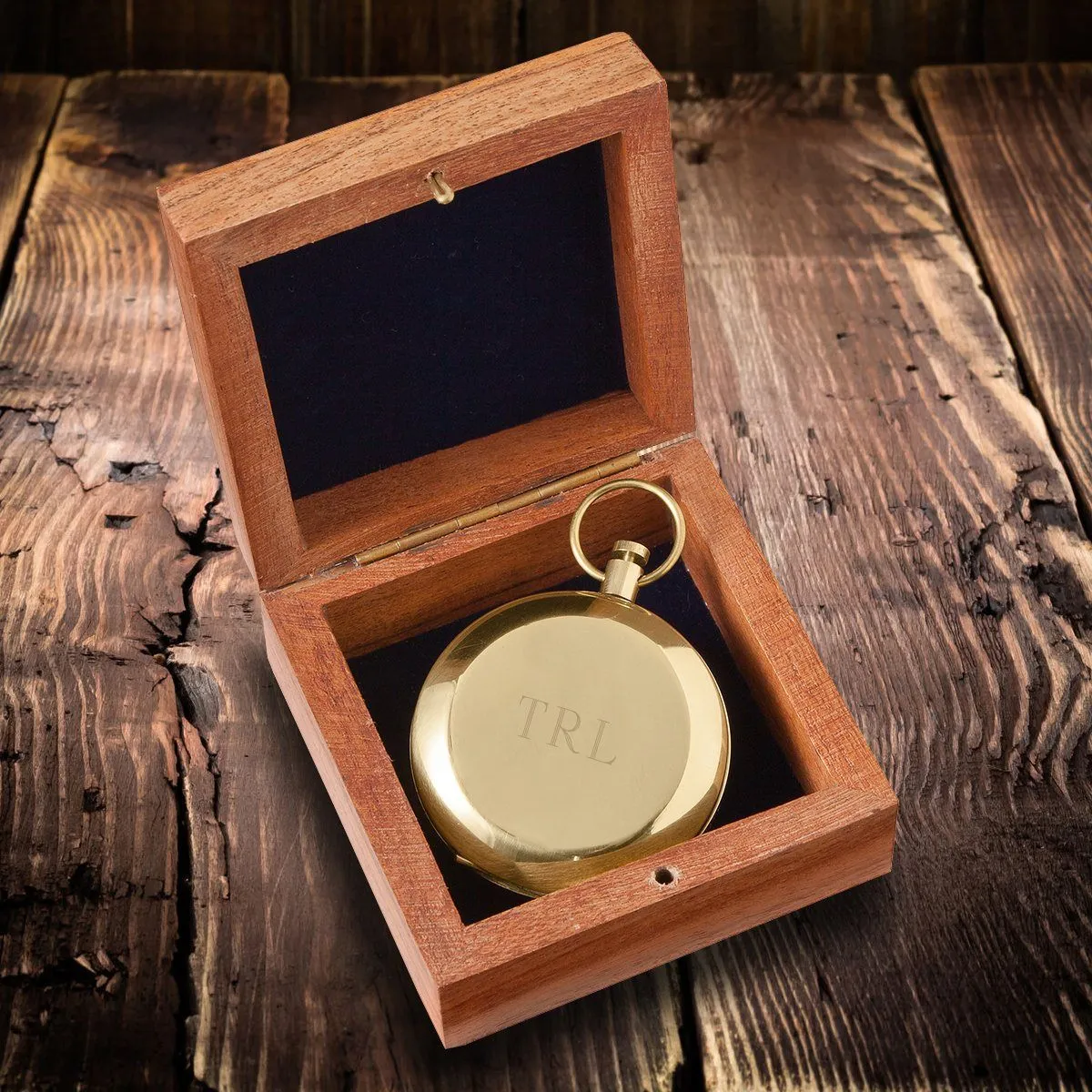 High Polish Gold Keepsake Compass with Wooden Box - Personalized