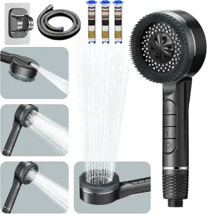 High Pressure Shower Head with 60 Inch Shower Hose, 4 Spray Mode Ion Drops Shower Head with ON/OFF Switch, Hard Water Filtered Showerhead with Handheld to Clean Corner, Tub and Pets, Dark Gray
