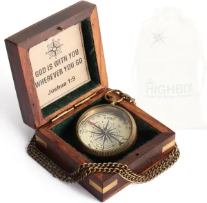 HIGHBIX Nautical Brass Compass with Wooden Box – Vintage Old-World Maritime Navigation Tool – Solid Brass, Fully Functional for Explorers, Collectors & Decor