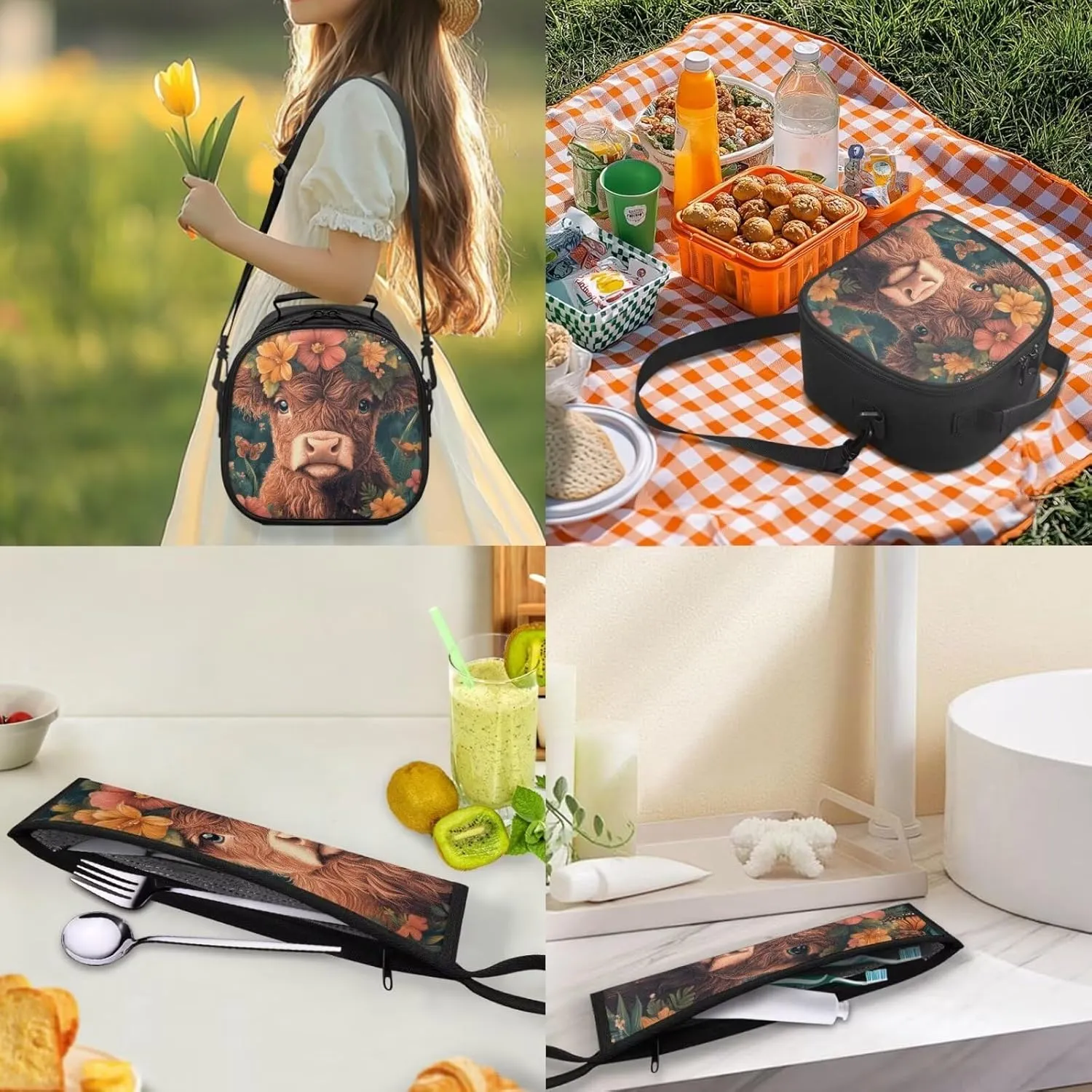 Highland Cow Floral Lunch Bag with Tableware Carrying Bag for Picnic Camping Utensils Washable Removable Shoulder Kid Lunch Box Containers and Flatware Case for School