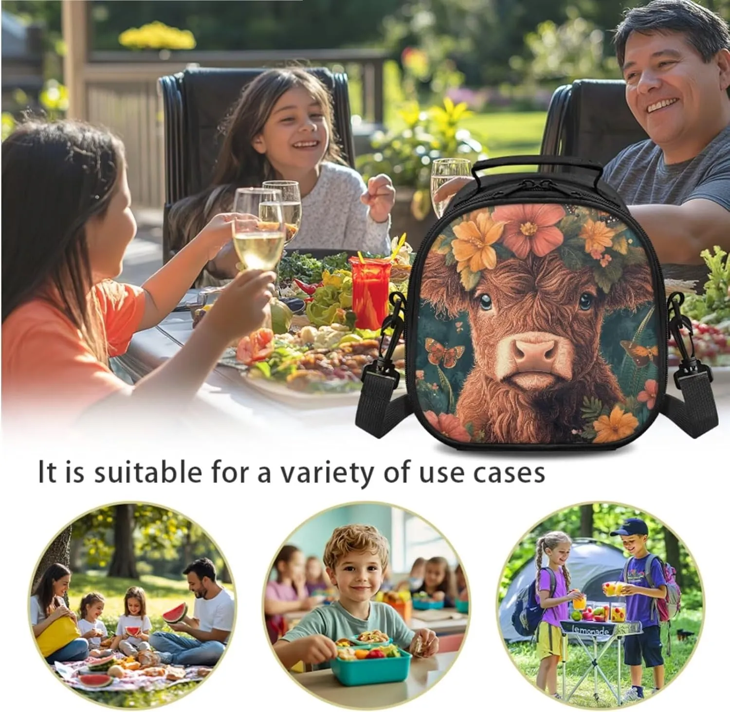 Highland Cow Floral Lunch Bag with Tableware Carrying Bag for Picnic Camping Utensils Washable Removable Shoulder Kid Lunch Box Containers and Flatware Case for School