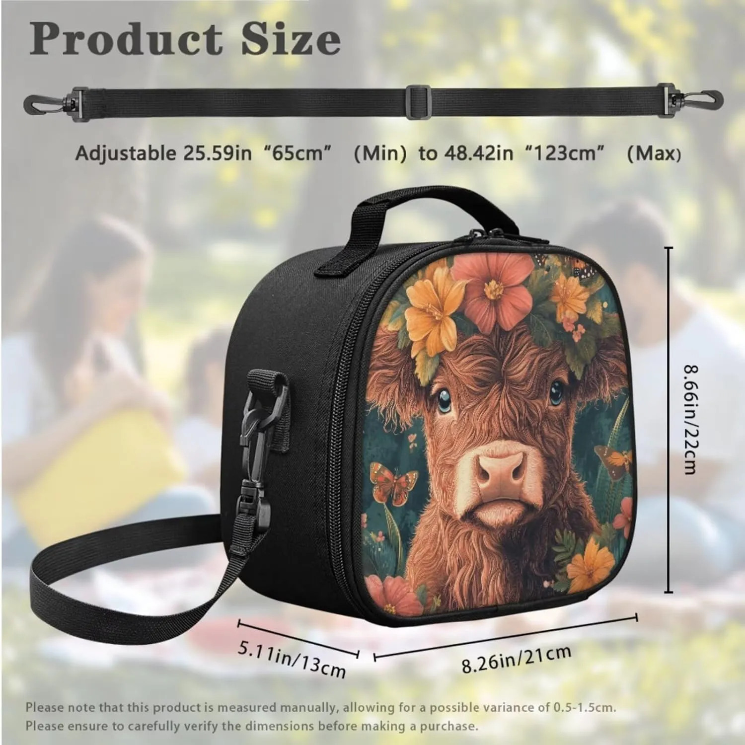 Highland Cow Floral Lunch Bag with Tableware Carrying Bag for Picnic Camping Utensils Washable Removable Shoulder Kid Lunch Box Containers and Flatware Case for School