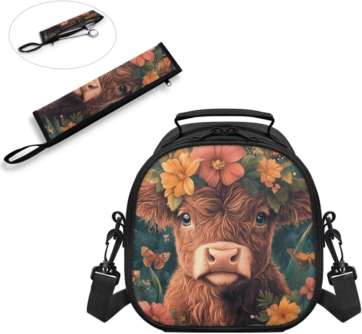 Highland Cow Floral Lunch Bag with Tableware Carrying Bag for Picnic Camping Utensils Washable Removable Shoulder Kid Lunch Box Containers and Flatware Case for School