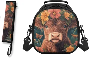 Highland Cow Floral Lunch Bag with Tableware Carrying Bag for Picnic Camping Utensils Washable Removable Shoulder Kid Lunch Box Containers and Flatware Case for School