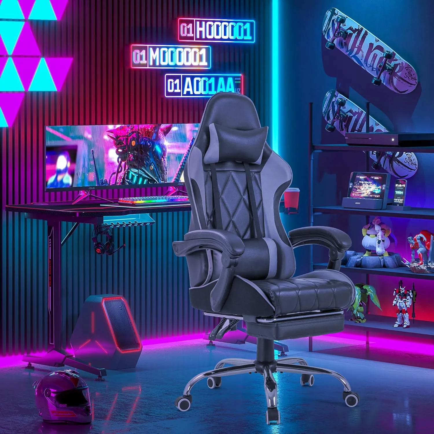 Homall Gaming Chair, Computer Chair with Footrest and Massage Lumbar Support, Ergonomic High Back Video Game Chair with Swivel Seat and Headrest (Grey)