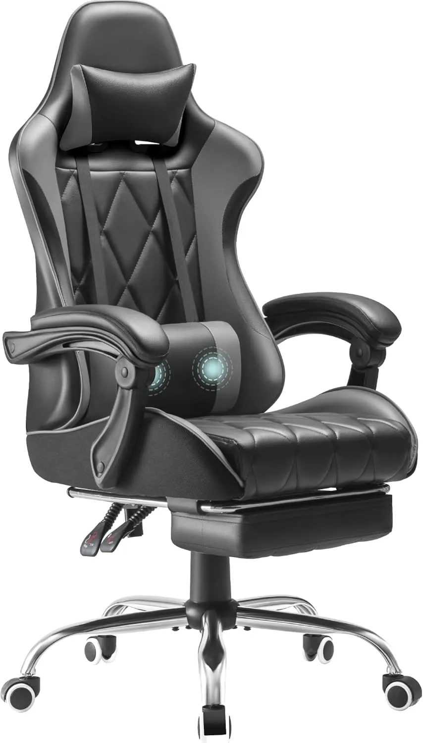 Homall Gaming Chair, Computer Chair with Footrest and Massage Lumbar Support, Ergonomic High Back Video Game Chair with Swivel Seat and Headrest (Grey)