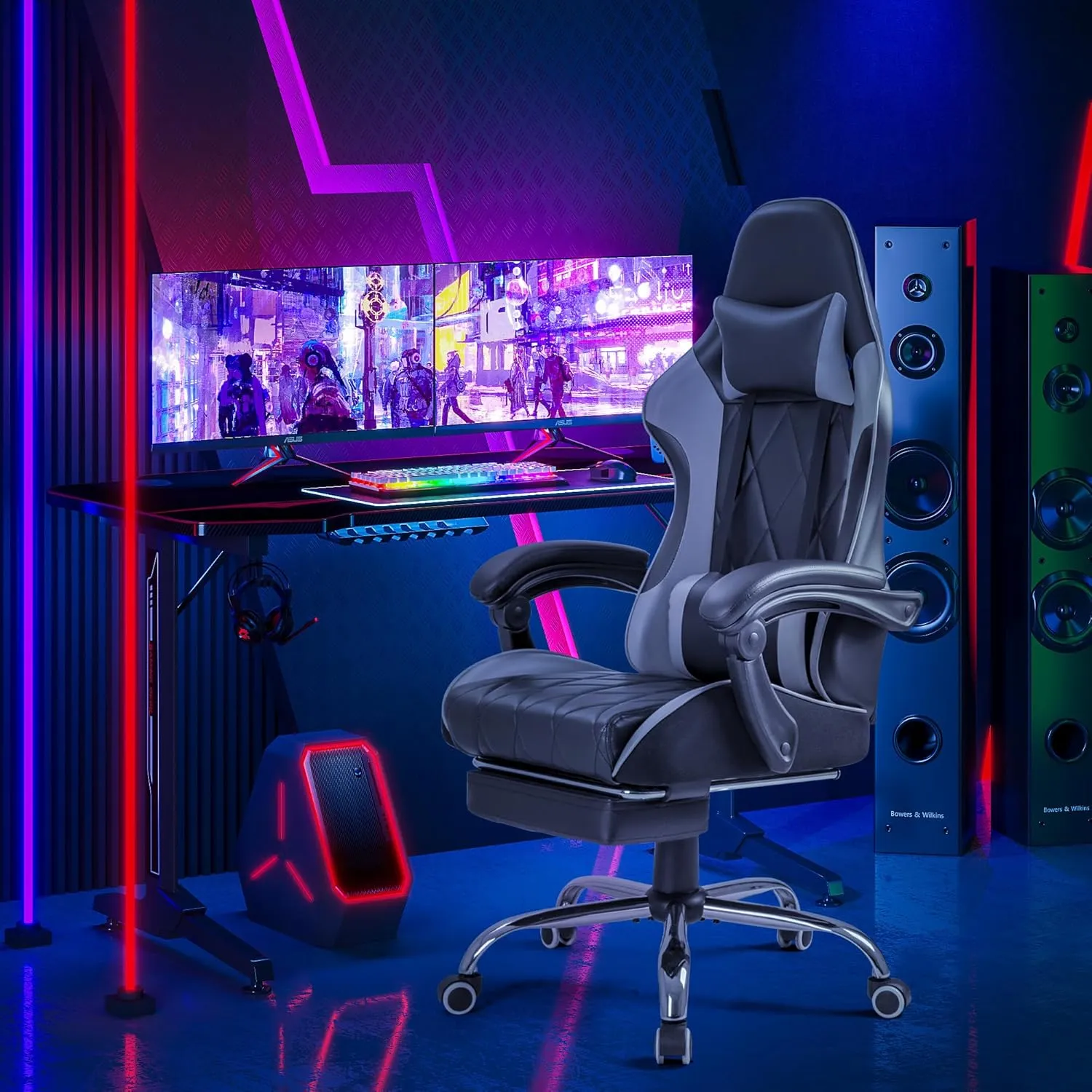 Homall Gaming Chair, Computer Chair with Footrest and Massage Lumbar Support, Ergonomic High Back Video Game Chair with Swivel Seat and Headrest (Grey)