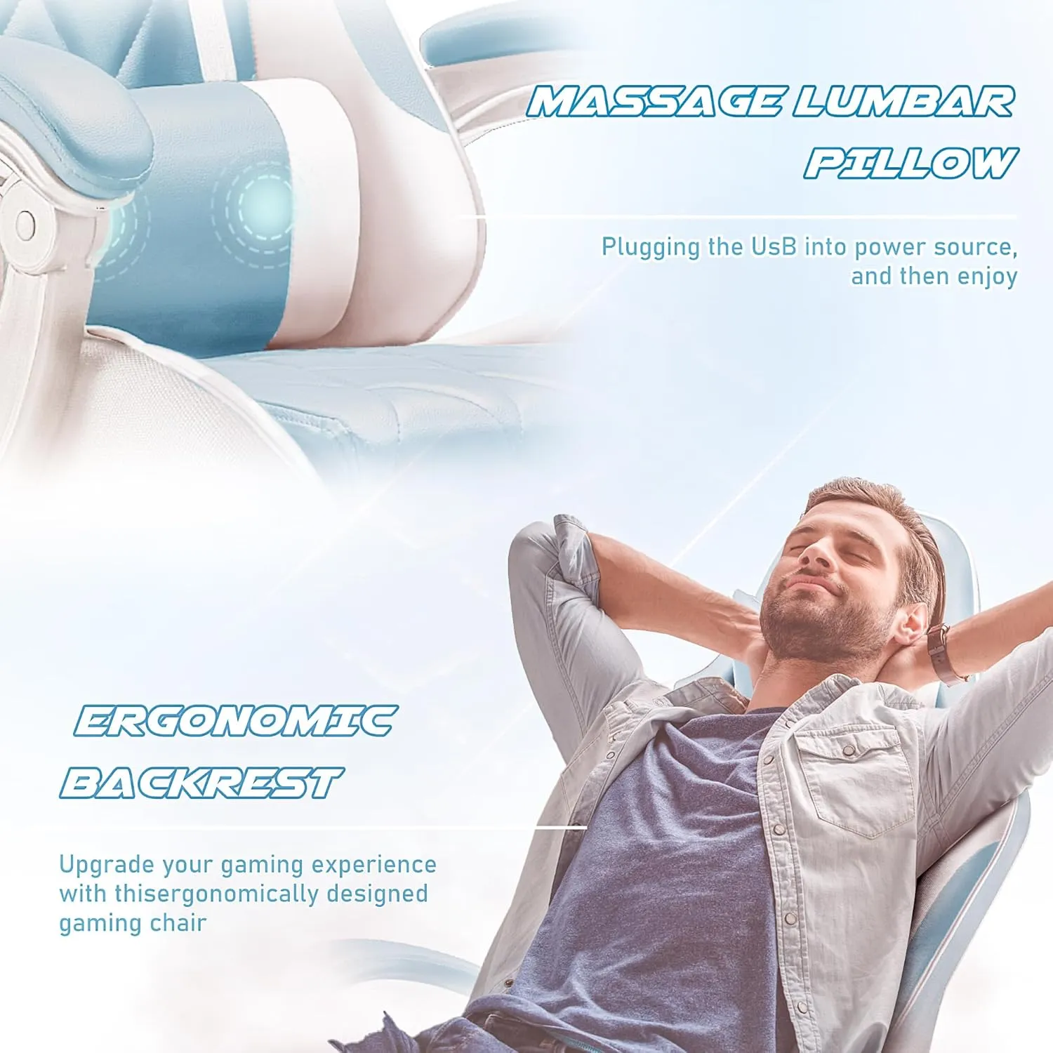 Homall Gaming Chair, Computer Chair with Footrest and Massage Lumbar Support, Ergonomic High Back Video Game Chair with Swivel Seat and Headrest (Light Blue)