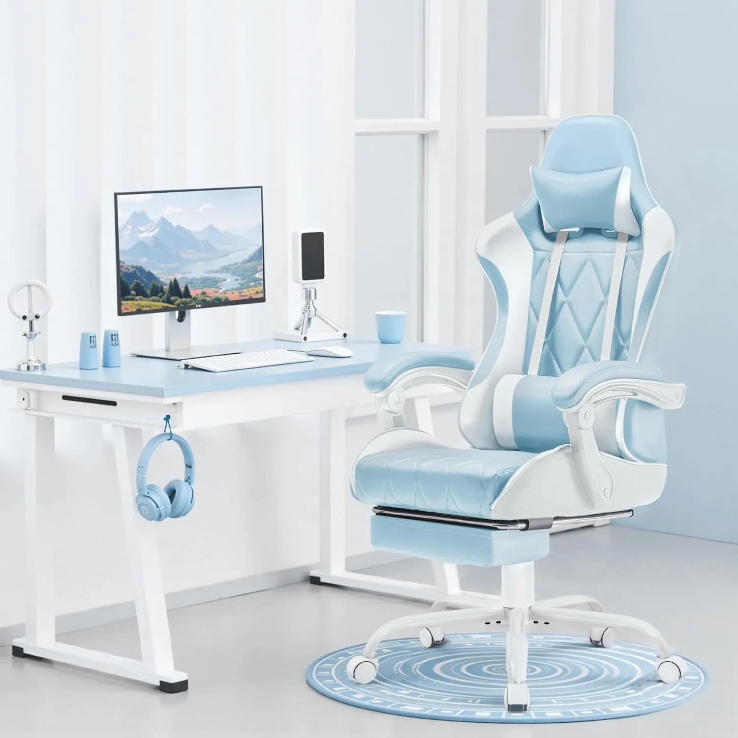 Homall Gaming Chair, Computer Chair with Footrest and Massage Lumbar Support, Ergonomic High Back Video Game Chair with Swivel Seat and Headrest (Light Blue)