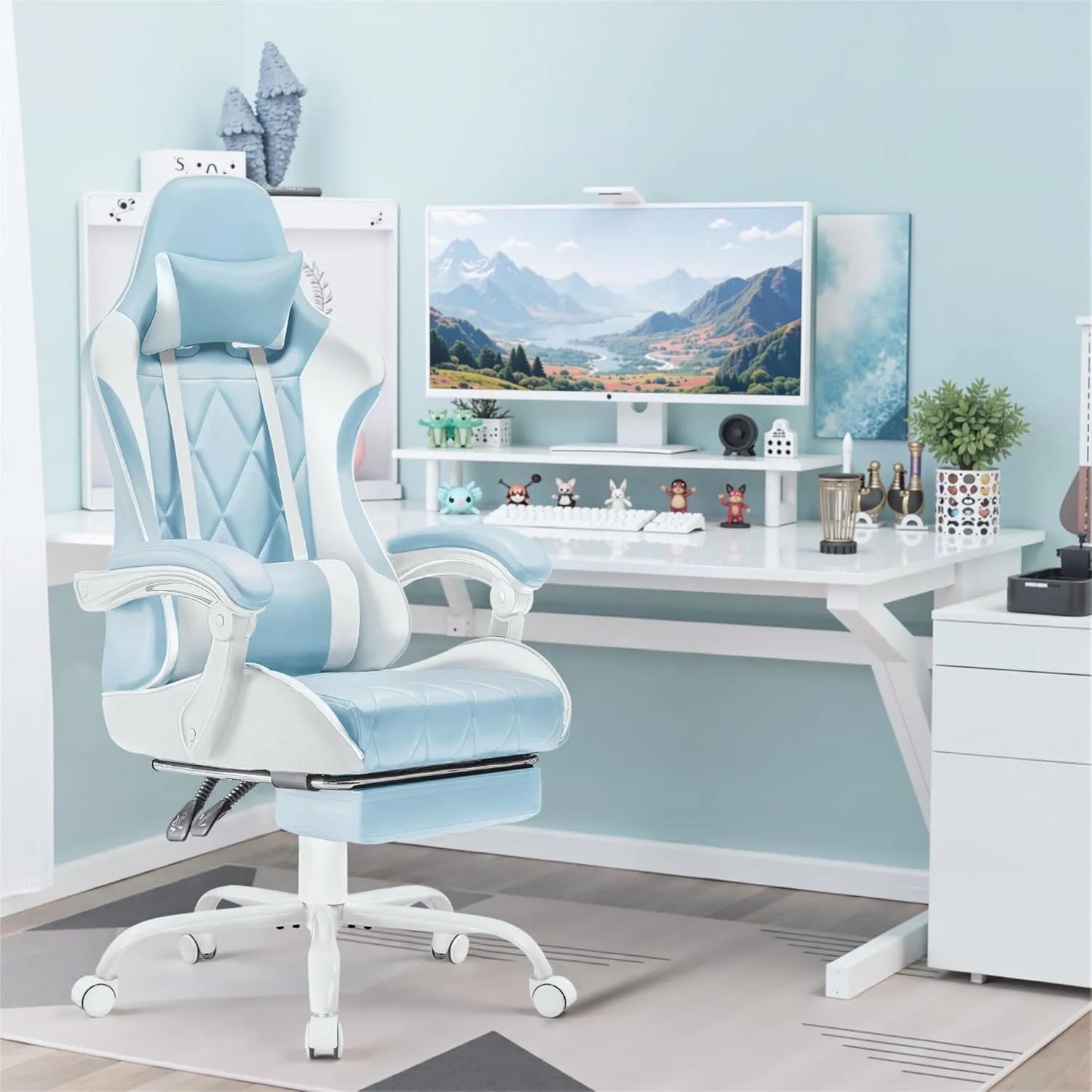 Homall Gaming Chair, Computer Chair with Footrest and Massage Lumbar Support, Ergonomic High Back Video Game Chair with Swivel Seat and Headrest (Light Blue)