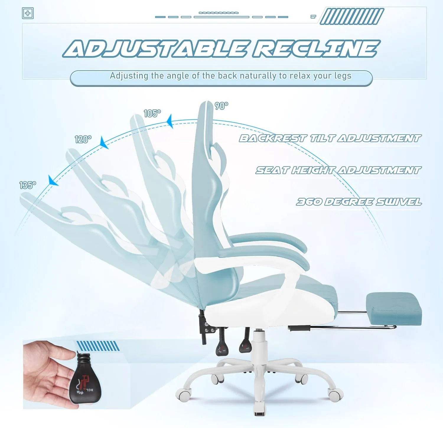 Homall Gaming Chair, Computer Chair with Footrest and Massage Lumbar Support, Ergonomic High Back Video Game Chair with Swivel Seat and Headrest (Light Blue)