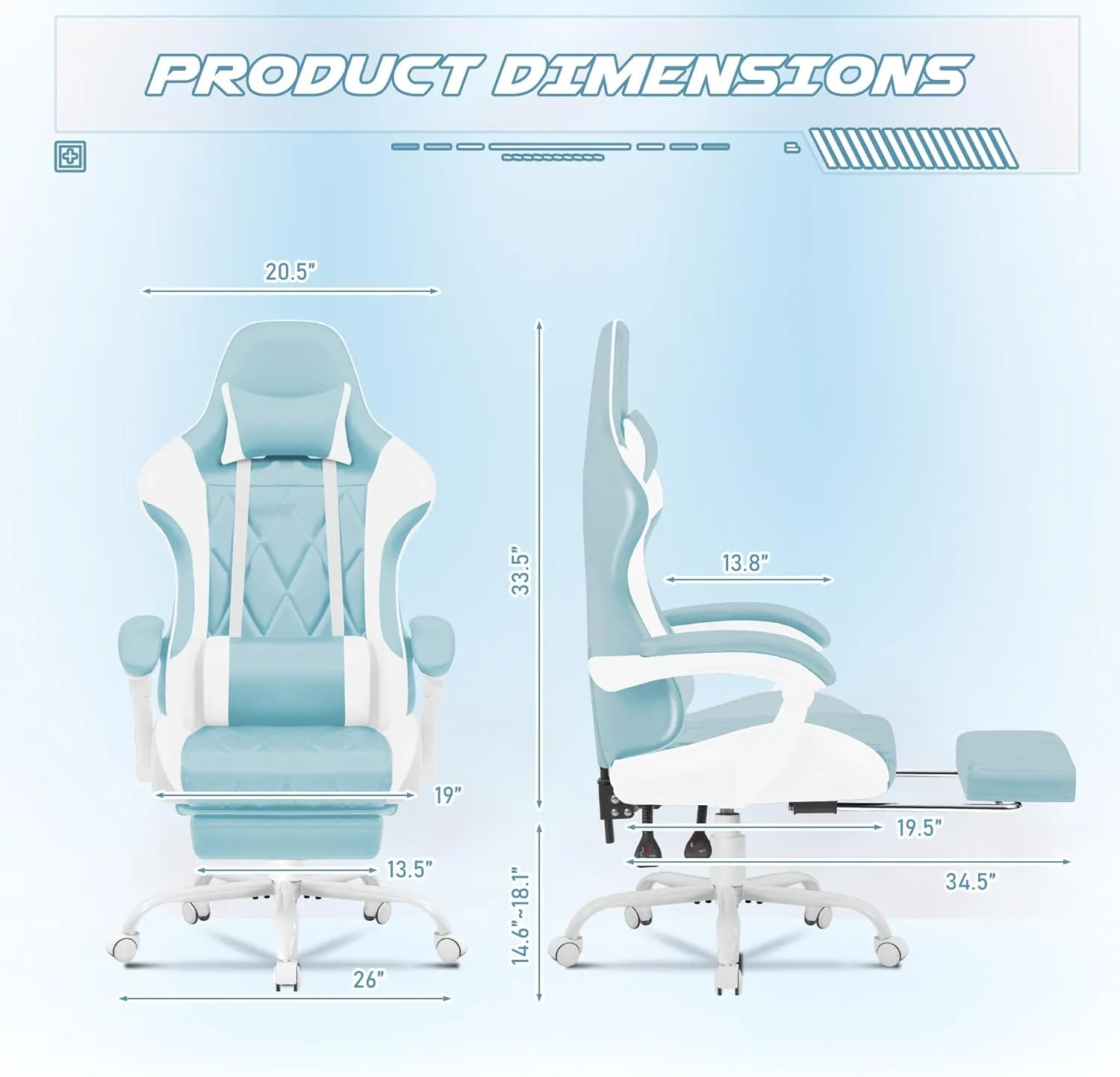 Homall Gaming Chair, Computer Chair with Footrest and Massage Lumbar Support, Ergonomic High Back Video Game Chair with Swivel Seat and Headrest (Light Blue)