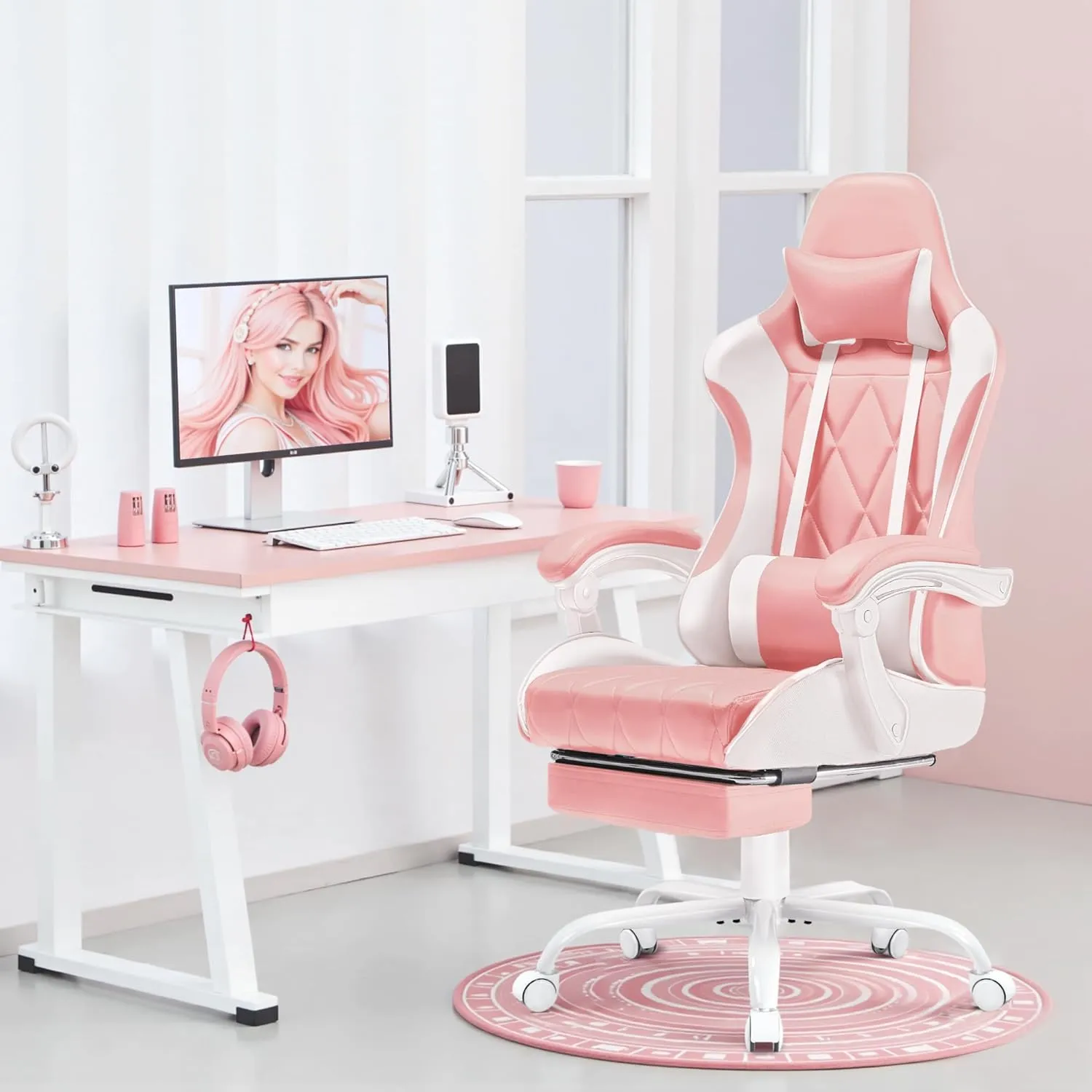 Homall Gaming Chair, Computer Chair with Footrest and Massage Lumbar Support, Ergonomic High Back Video Game Chair with Swivel Seat and Headrest (Pink)