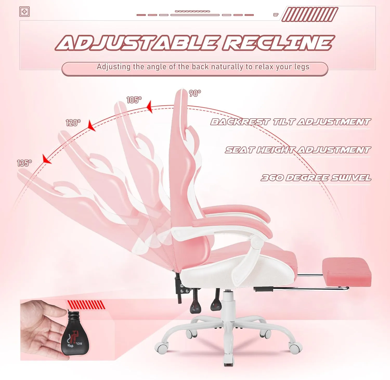Homall Gaming Chair, Computer Chair with Footrest and Massage Lumbar Support, Ergonomic High Back Video Game Chair with Swivel Seat and Headrest (Pink)