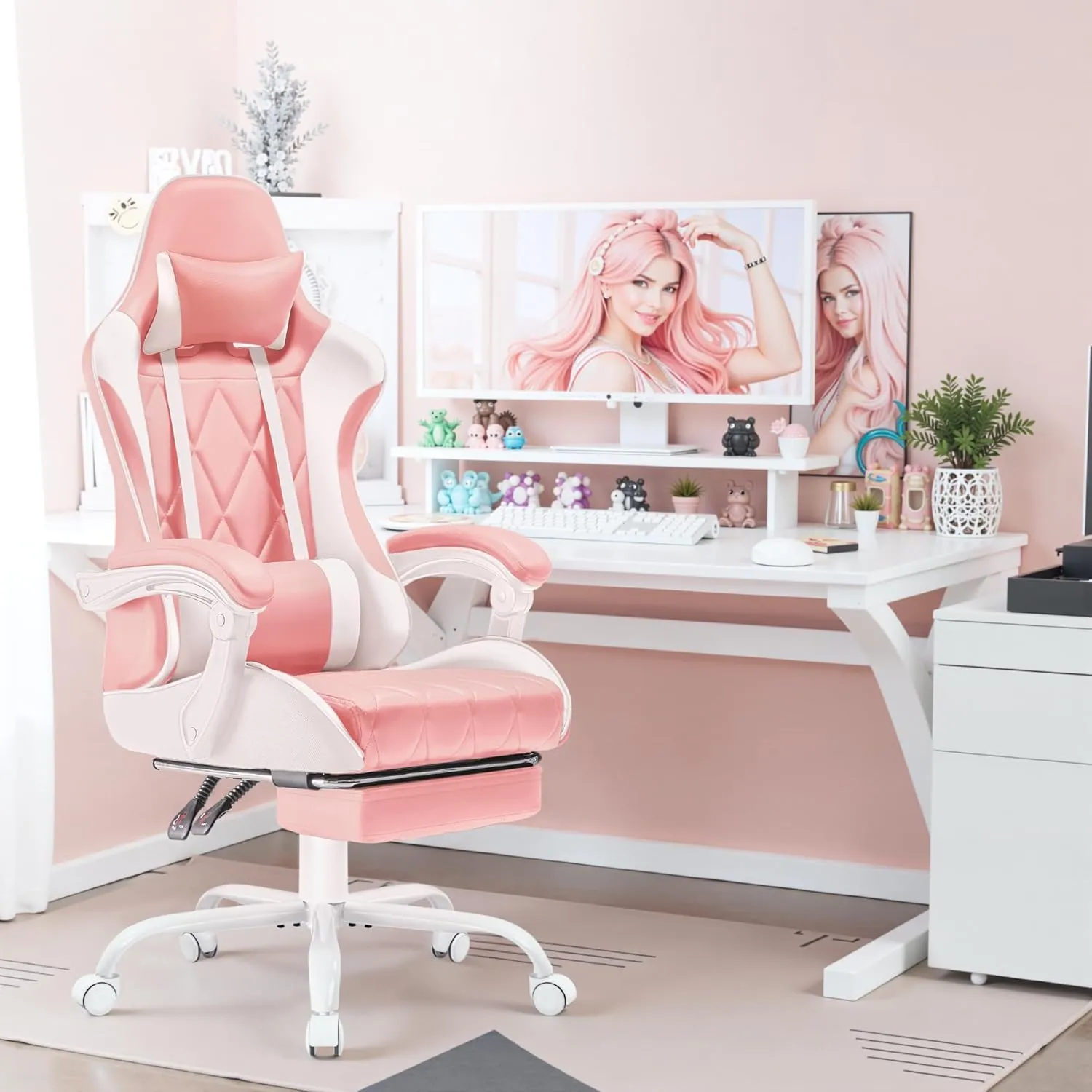 Homall Gaming Chair, Computer Chair with Footrest and Massage Lumbar Support, Ergonomic High Back Video Game Chair with Swivel Seat and Headrest (Pink)