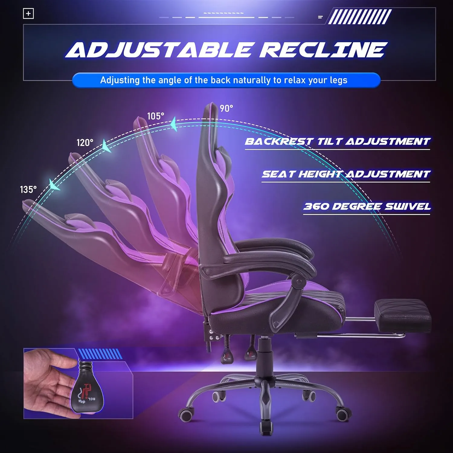 Homall Gaming Chair, Computer Chair with Footrest and Massage Lumbar Support, Ergonomic High Back Video Game Chair with Swivel Seat and Headrest (Purple)