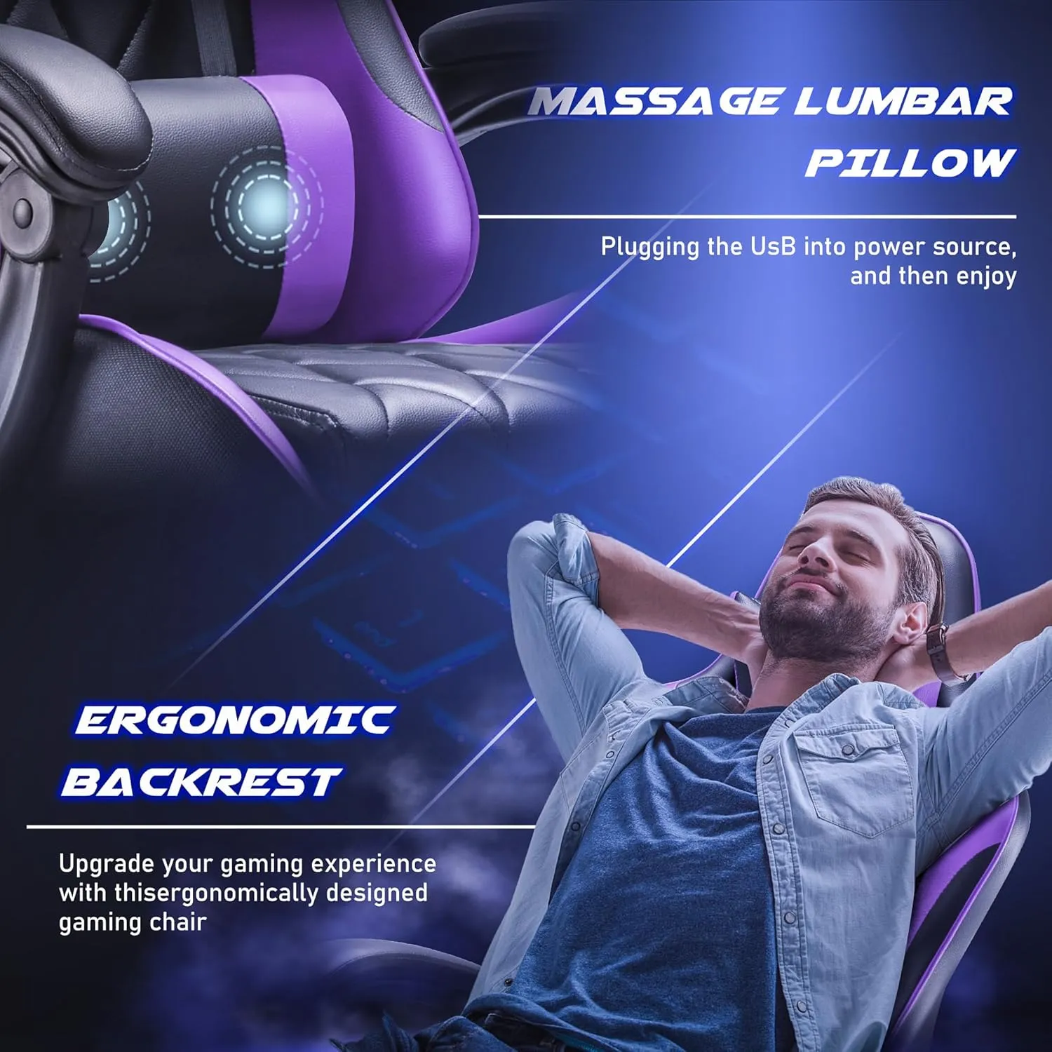 Homall Gaming Chair, Computer Chair with Footrest and Massage Lumbar Support, Ergonomic High Back Video Game Chair with Swivel Seat and Headrest (Purple)