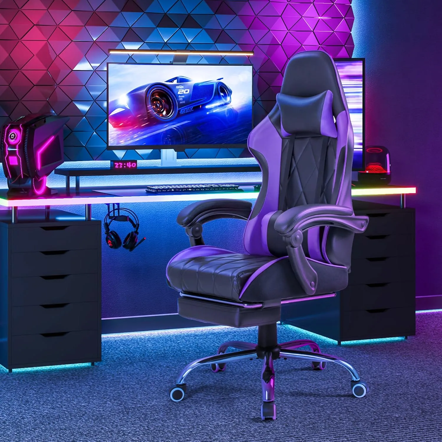 Homall Gaming Chair, Computer Chair with Footrest and Massage Lumbar Support, Ergonomic High Back Video Game Chair with Swivel Seat and Headrest (Purple)