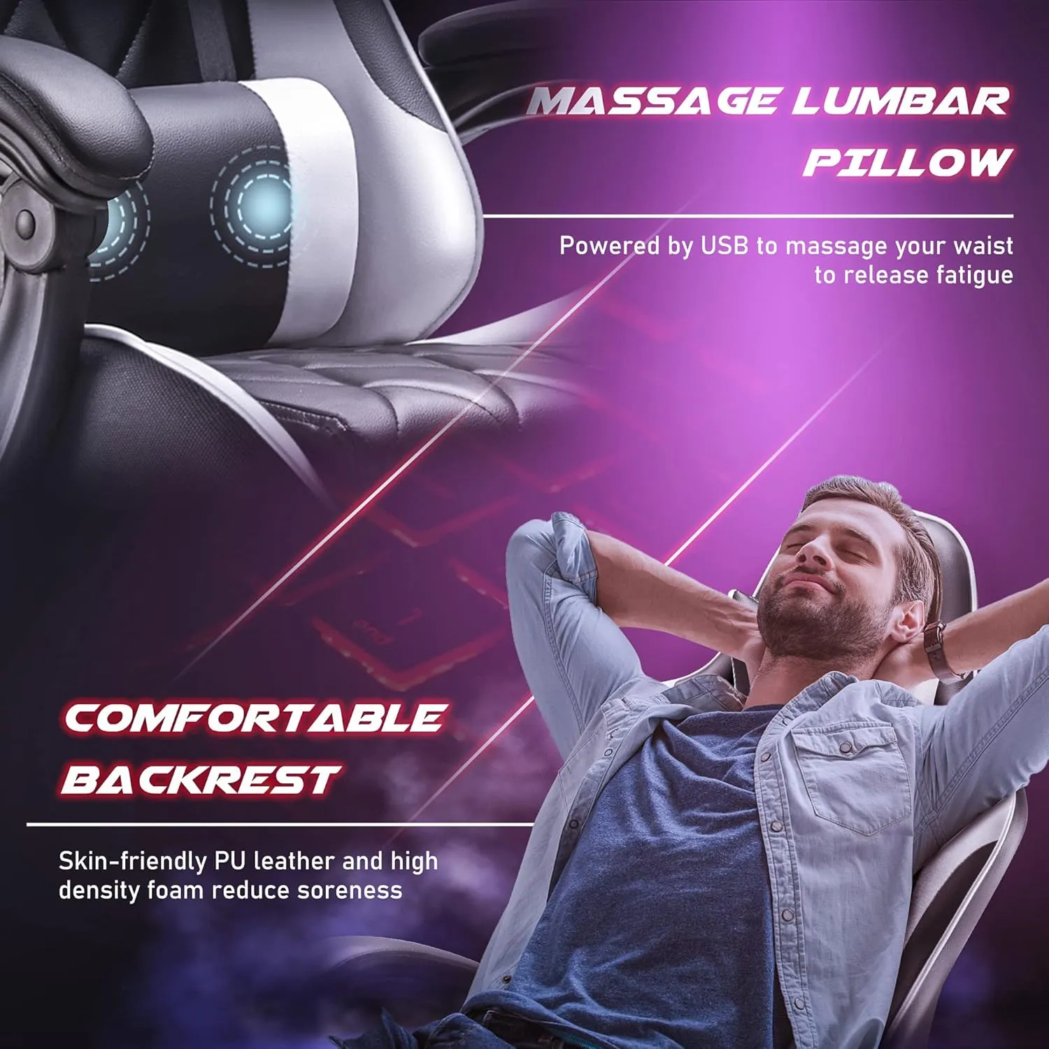 Homall Gaming Chair, Computer Chair with Footrest and Massage Lumbar Support, Ergonomic High Back Video Game Chair with Swivel Seat and Headrest (White)