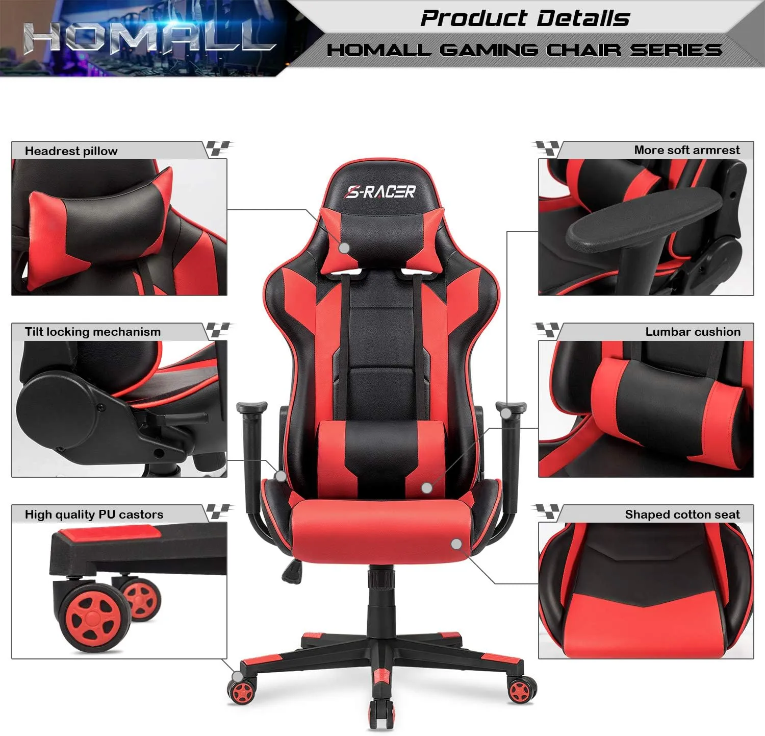 Homall Gaming Chair, Office Chair High Back Computer Chair Leather Desk Chair Racing Executive Ergonomic Adjustable Swivel Task Chair with Headrest and Lumbar Support (Red)