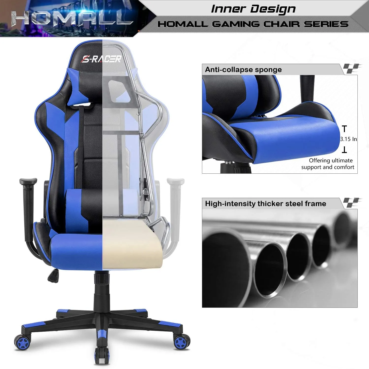 Homall Gaming Chair, Office Chair High Back Computer Chair Leather Desk Chair Racing Executive Ergonomic Adjustable Swivel Task Chair with Headrest and Lumbar Support(Blue)