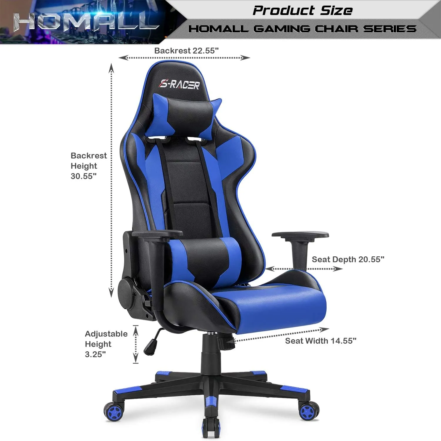 Homall Gaming Chair, Office Chair High Back Computer Chair Leather Desk Chair Racing Executive Ergonomic Adjustable Swivel Task Chair with Headrest and Lumbar Support(Blue)