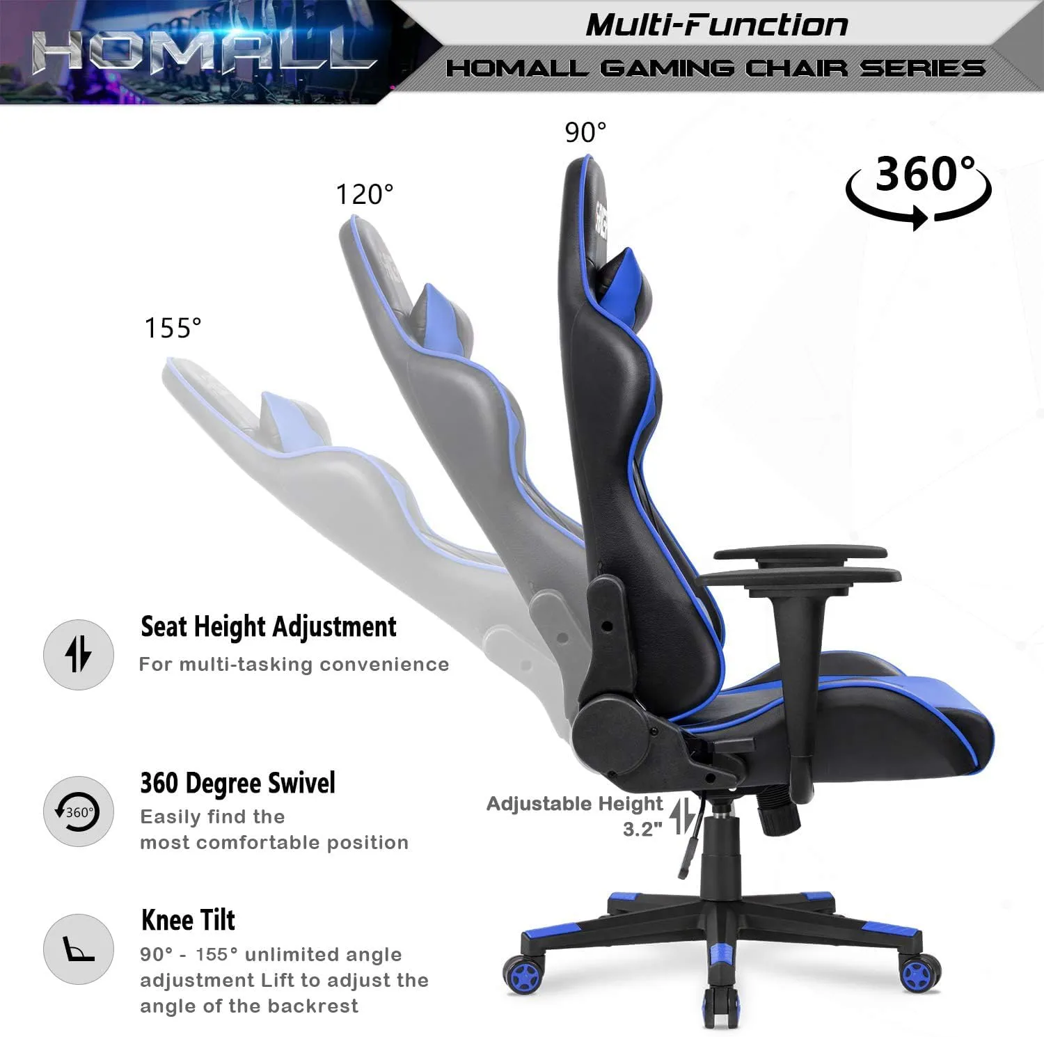 Homall Gaming Chair, Office Chair High Back Computer Chair Leather Desk Chair Racing Executive Ergonomic Adjustable Swivel Task Chair with Headrest and Lumbar Support(Blue)