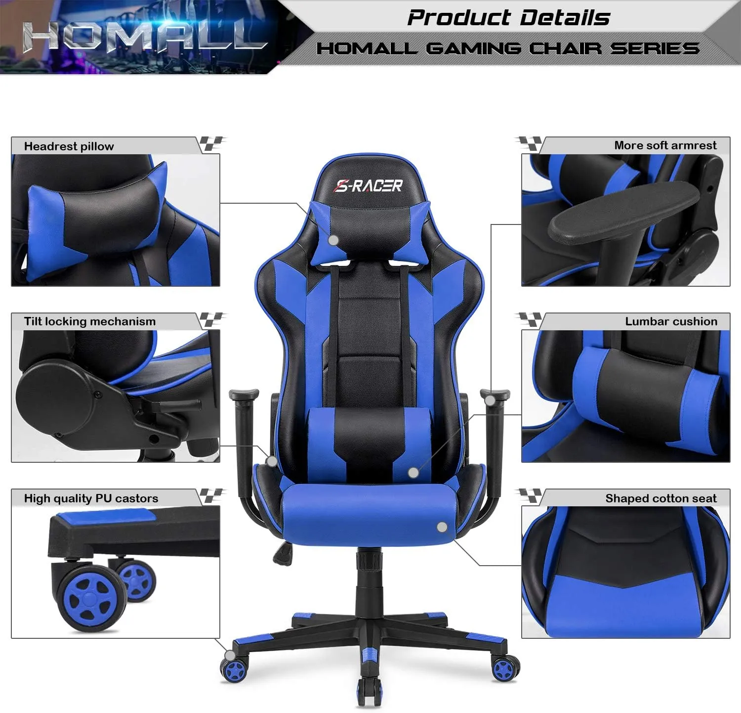 Homall Gaming Chair, Office Chair High Back Computer Chair Leather Desk Chair Racing Executive Ergonomic Adjustable Swivel Task Chair with Headrest and Lumbar Support(Blue)
