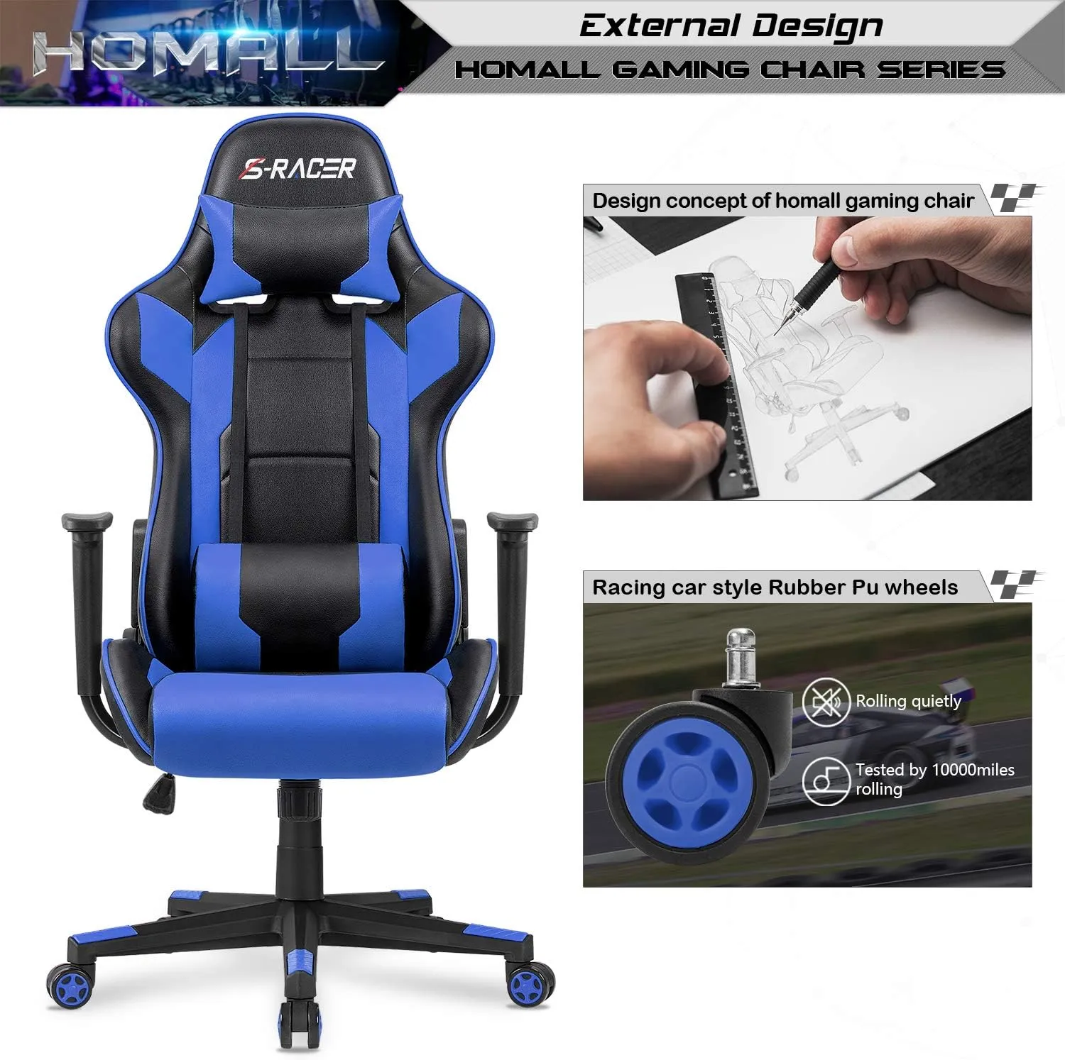 Homall Gaming Chair, Office Chair High Back Computer Chair Leather Desk Chair Racing Executive Ergonomic Adjustable Swivel Task Chair with Headrest and Lumbar Support(Blue)